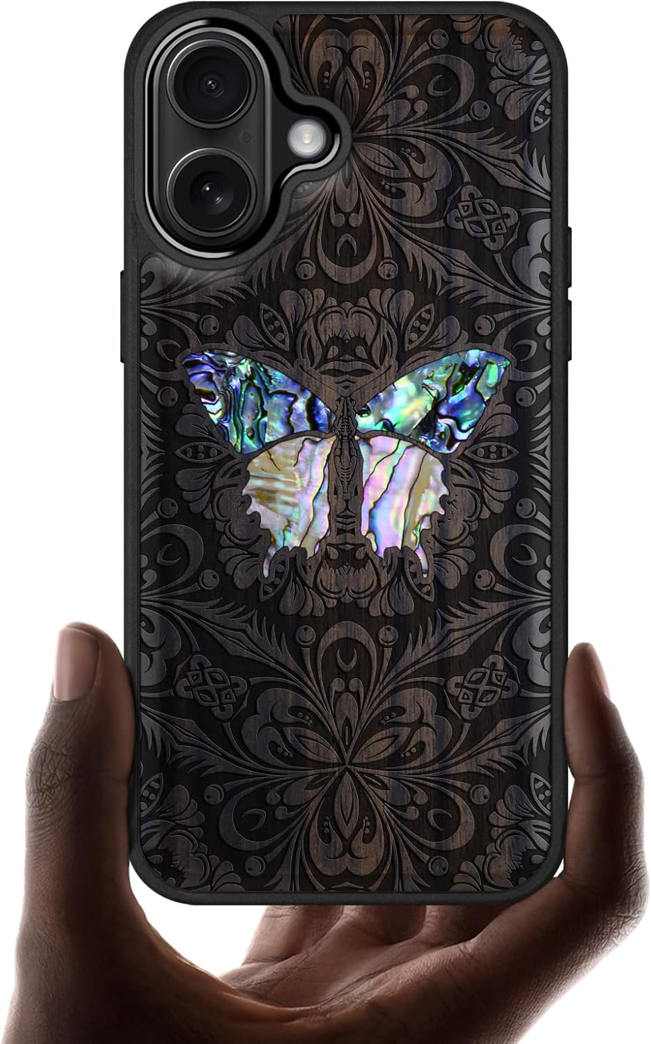 Carveit Magnetic Wooden Case for iPhone 17 Case, Wood Artisan Engraved & Handmade Shell Inlaid, TPU Shockproof Cover, Compatible with MagSafe Wireless Chargers (Baroque Butterfly-Blackwood)