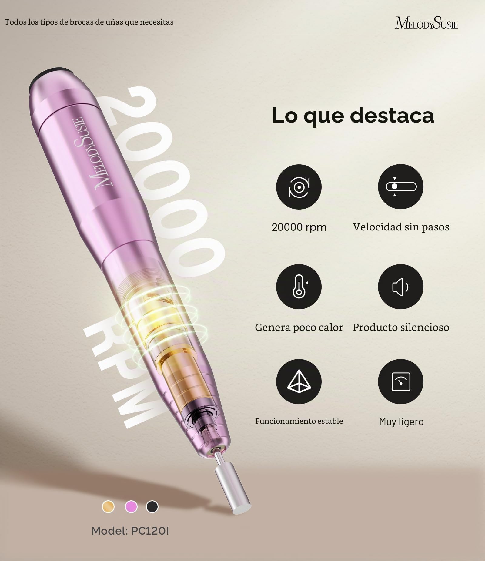 MelodySusie PC120I - Taladro eléctrico portátil para uñas de gel acrílico, herramienta de manicura y pedicura con brocas, bandas de lijado y cepillo para polvo (morado)