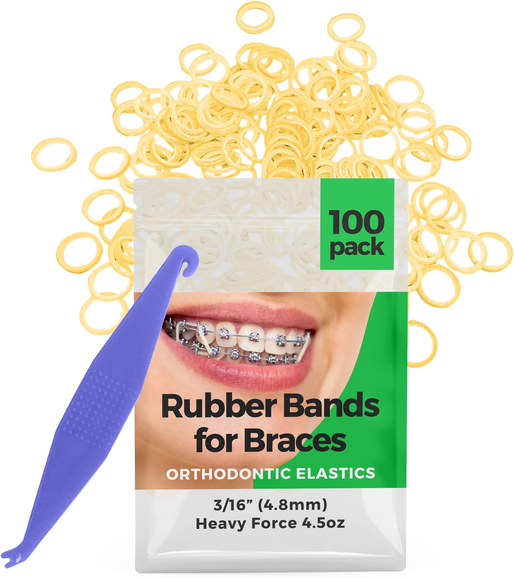 3/16" inch Orthodontic Elastic Rubber Bands, 100 Pack, Natural, Heavy Force 4.5 oz, Small Rubberbands for making bows, Dreadlocks, Dreads, Doll Hair, Braids, Horse Mane, Horse Tail, Fix Tooth Gap in teeth, Top Knots + FREE Elastic Placer for braces