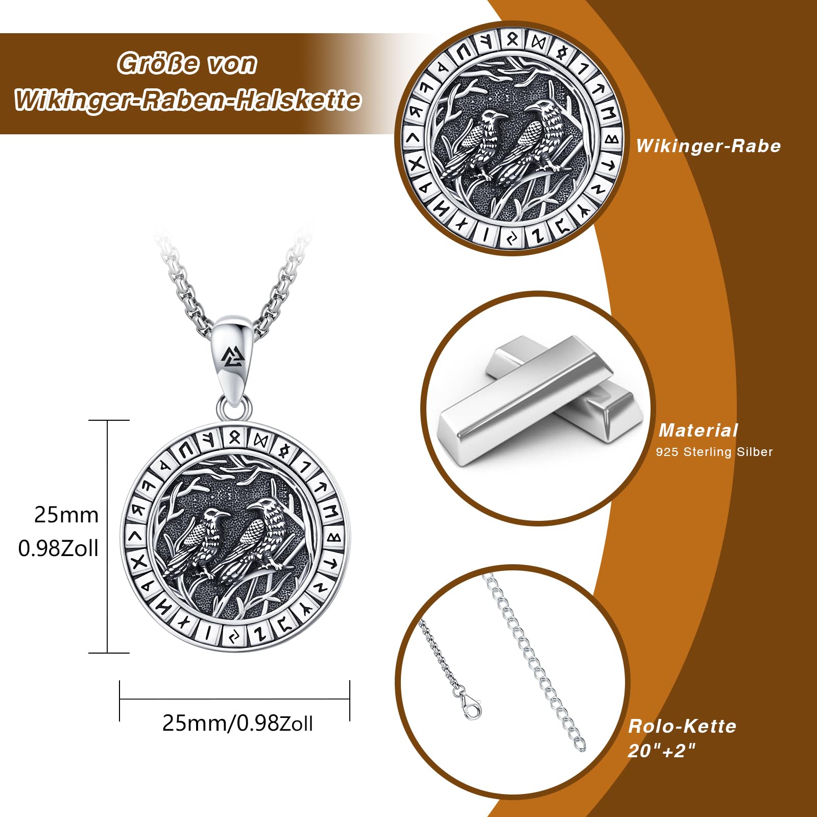 Raben Halskette 925 Sterling Silber Wikinger für Damen und Herren | Nordischer Schmuck mit Rabenmotiv, Geschenk zu Geburtstag, Weihnachten, Vatertag und für Wikingerfans