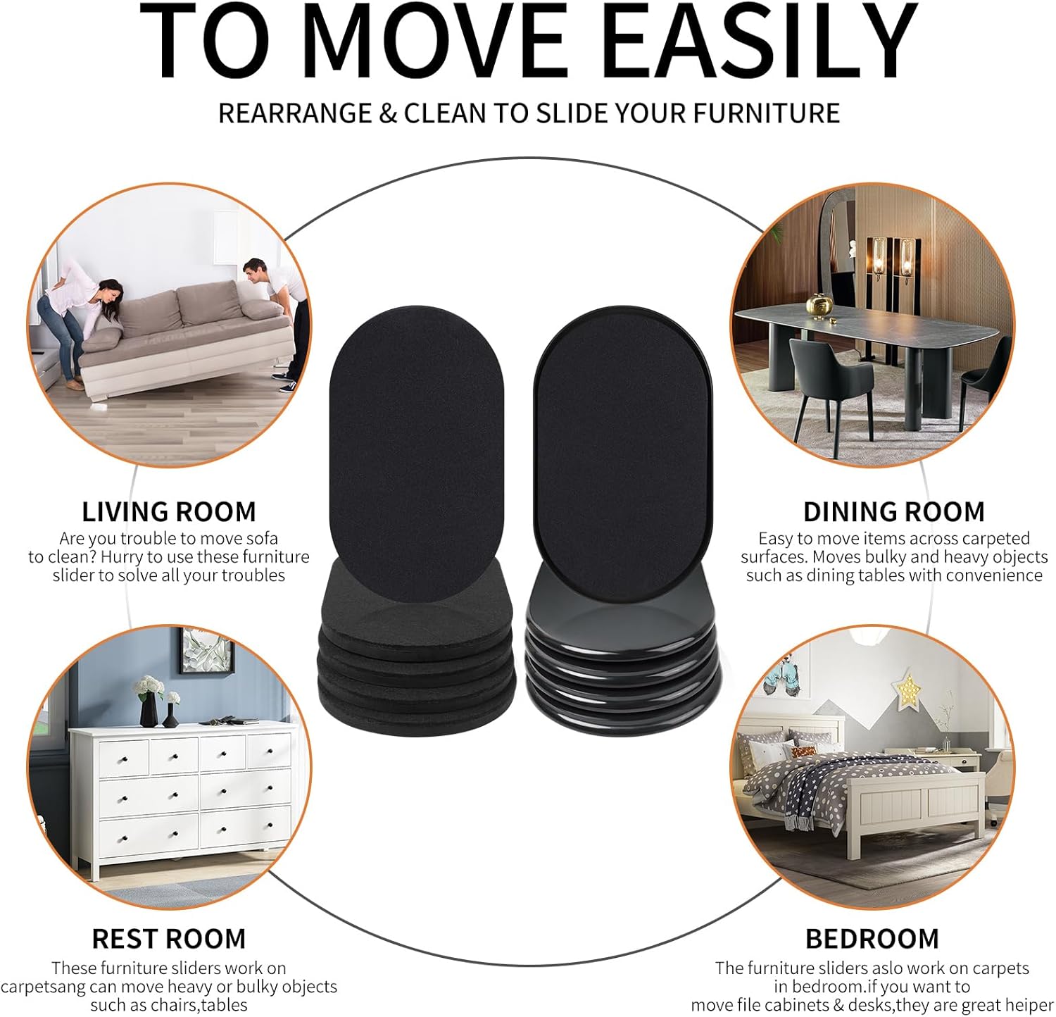 8 Pack Reusable Large Furniture Movers Sliders for Carpet and Hardwood Floors, 9-1/2" x 5-3/4" Oval 4 PCS Felt Furniture Sliders for Wood Floors and 4 PCS Furniture Moving Sliders for Carpet (Black)