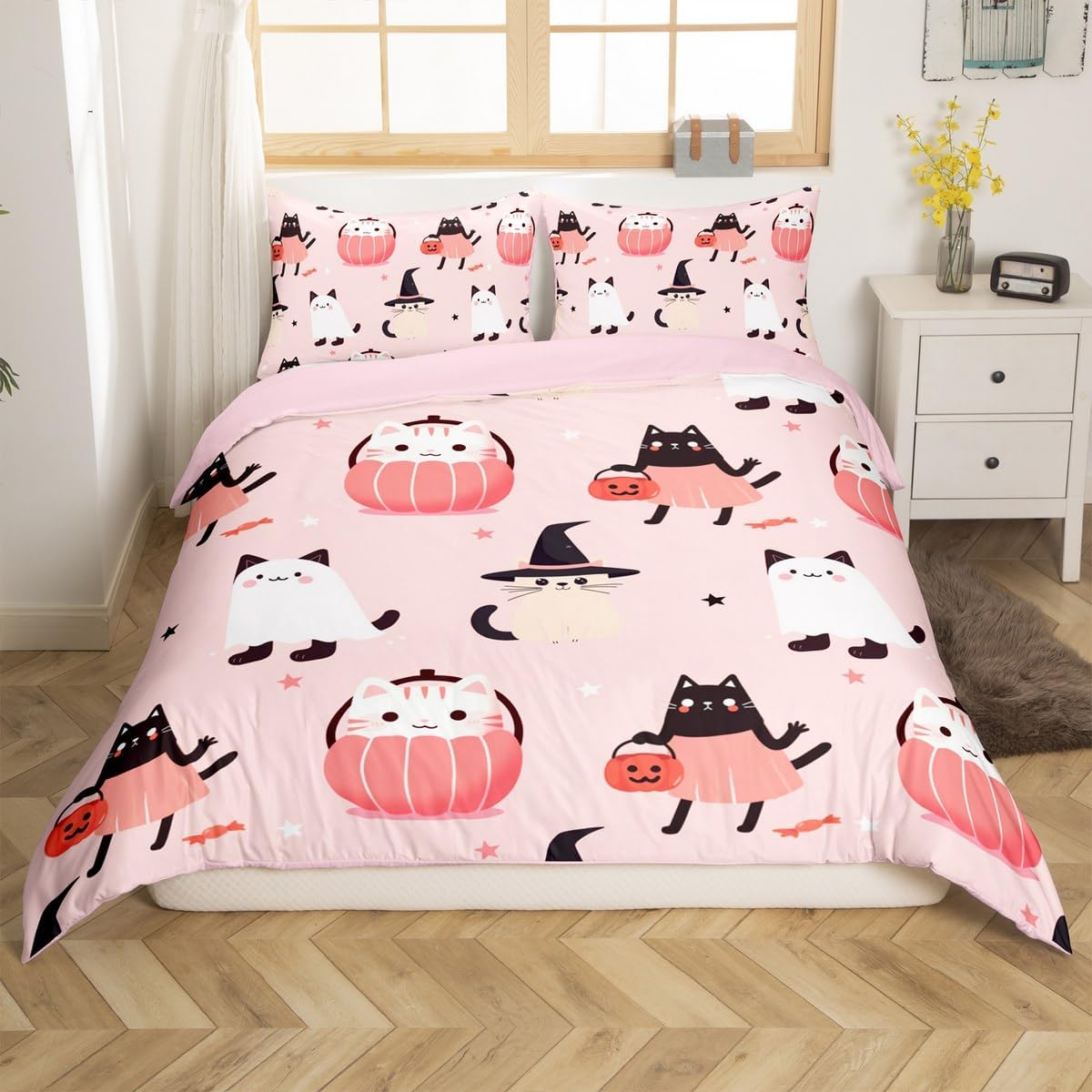 Erosebridal Kids Cute Ghost Cats Duvet Cover Full Happy Halloween Pumpkin Bedding Set Gifts for Girls Teen,Black White Halloween Kitten Comforter Cover Pink Halloween Bedspread Cover 2 Pillow Cases