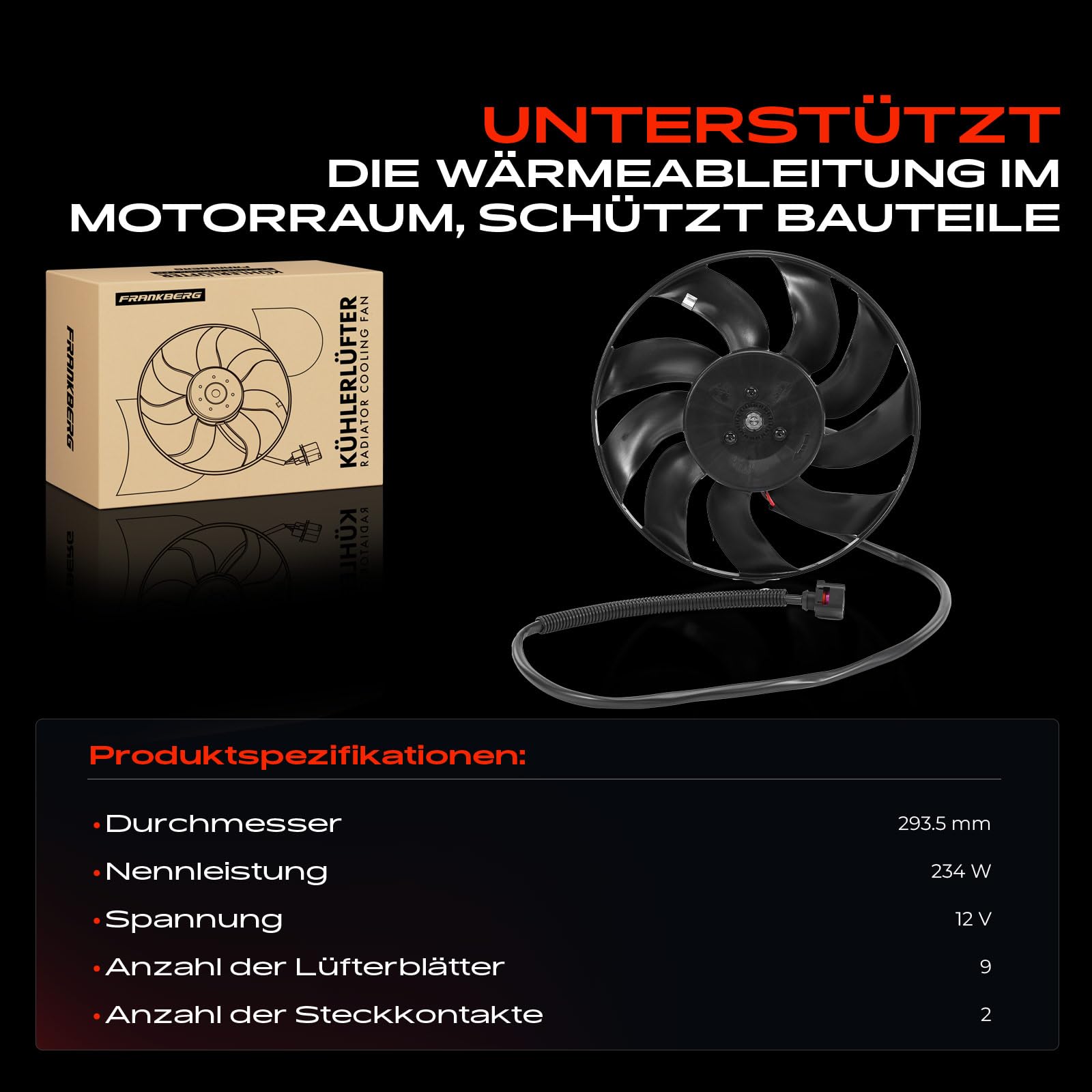 Frankberg Lüfter Motorkühlung Kühlerlüfter Kompatibel mit Transporter V Pritsche/Fahrgestell 7JD 7JE 7JL 7JY 7JZ 1.9L-3.2L Benzin/Diesel 2003-2013 Replace# 7H0959455D