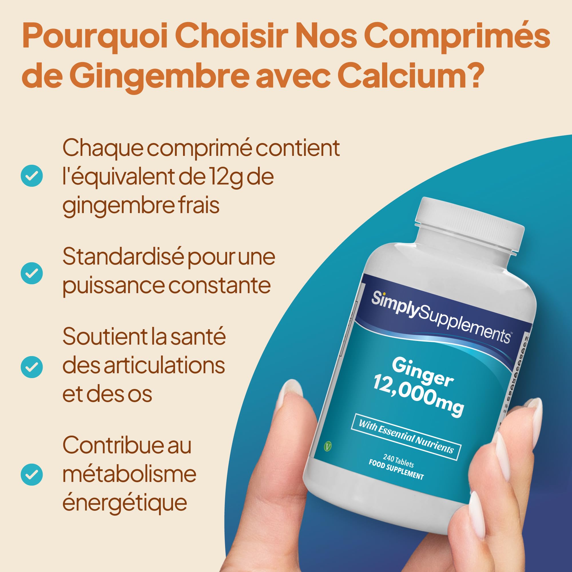 Comprimés de Gingembre | Soutien Articulations, Os, Énergie | Calcium & Manganèse | 240 Comprimés Haute Puissance = 4 Mois | Végan | GMP Certifié, Fabriqué au Royaume-Uni