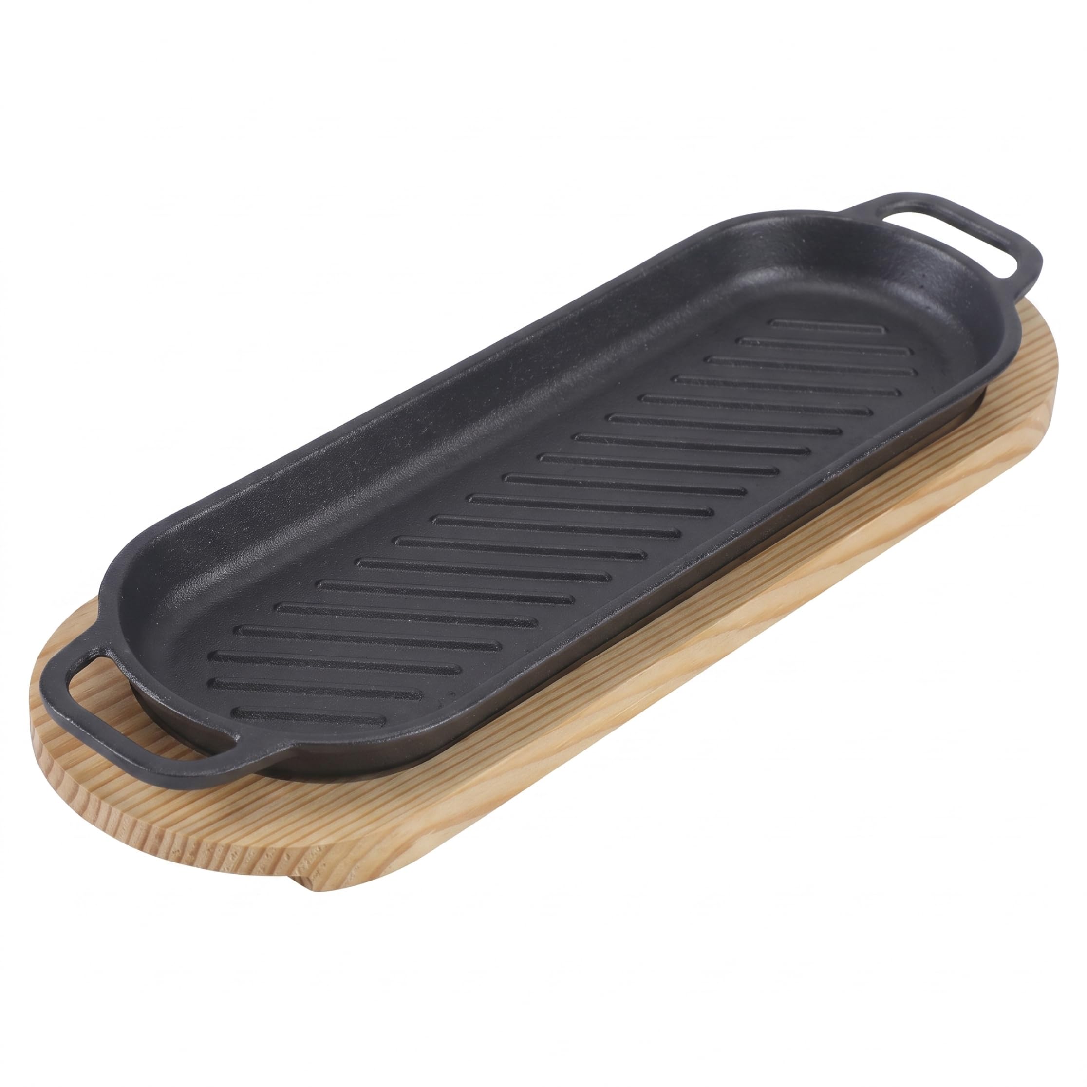 Piatto Sizzle con base in legno Padella Fajita ovale lunga con manico