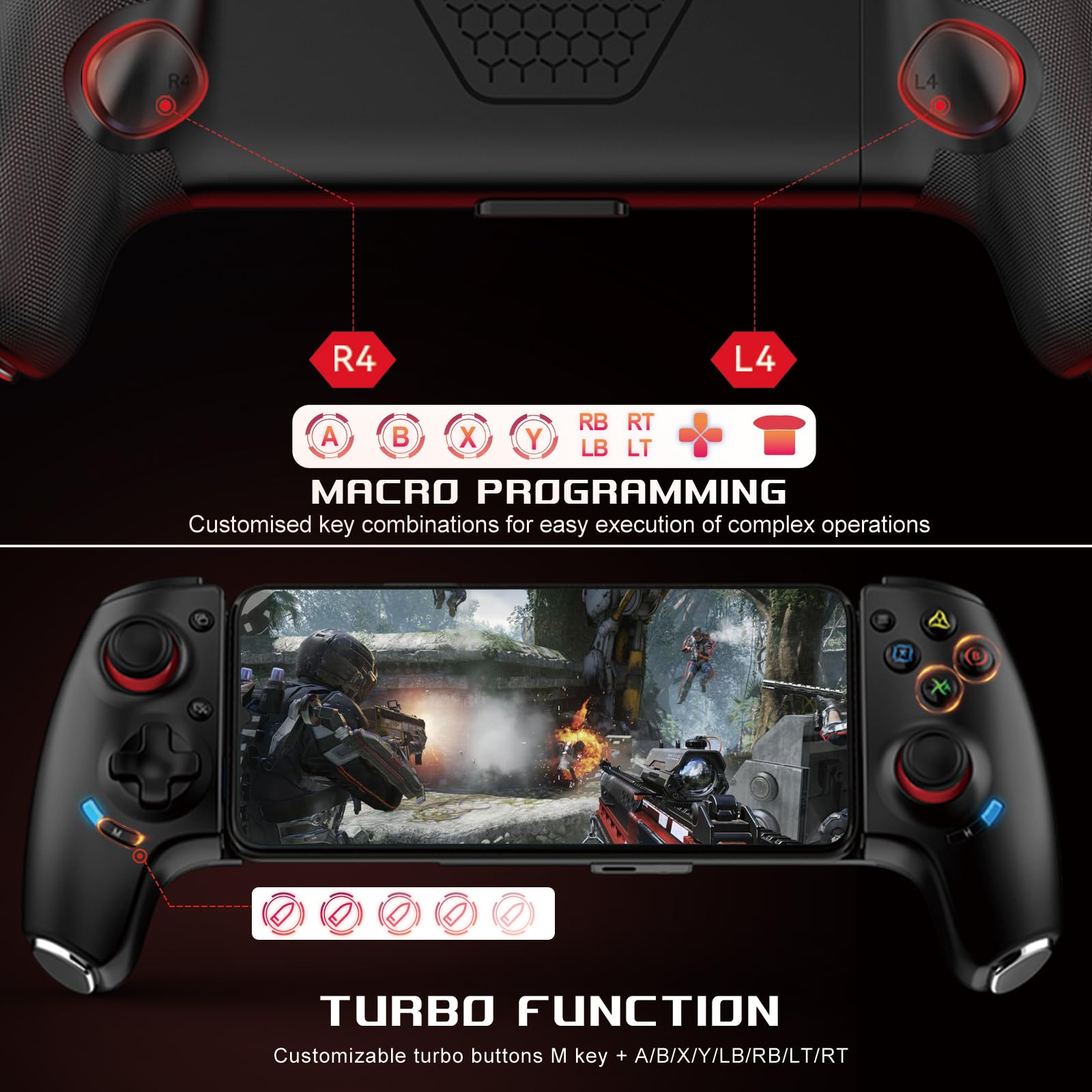 Gamepad wireless per iPhone/Android/PC/Switch, controller di gioco Bluetooth per PS Remote Play, Xbox Cloud, Steam Link, MFi Arcade Games – con joysticks/Hall Trigger/Turbo/Back Key