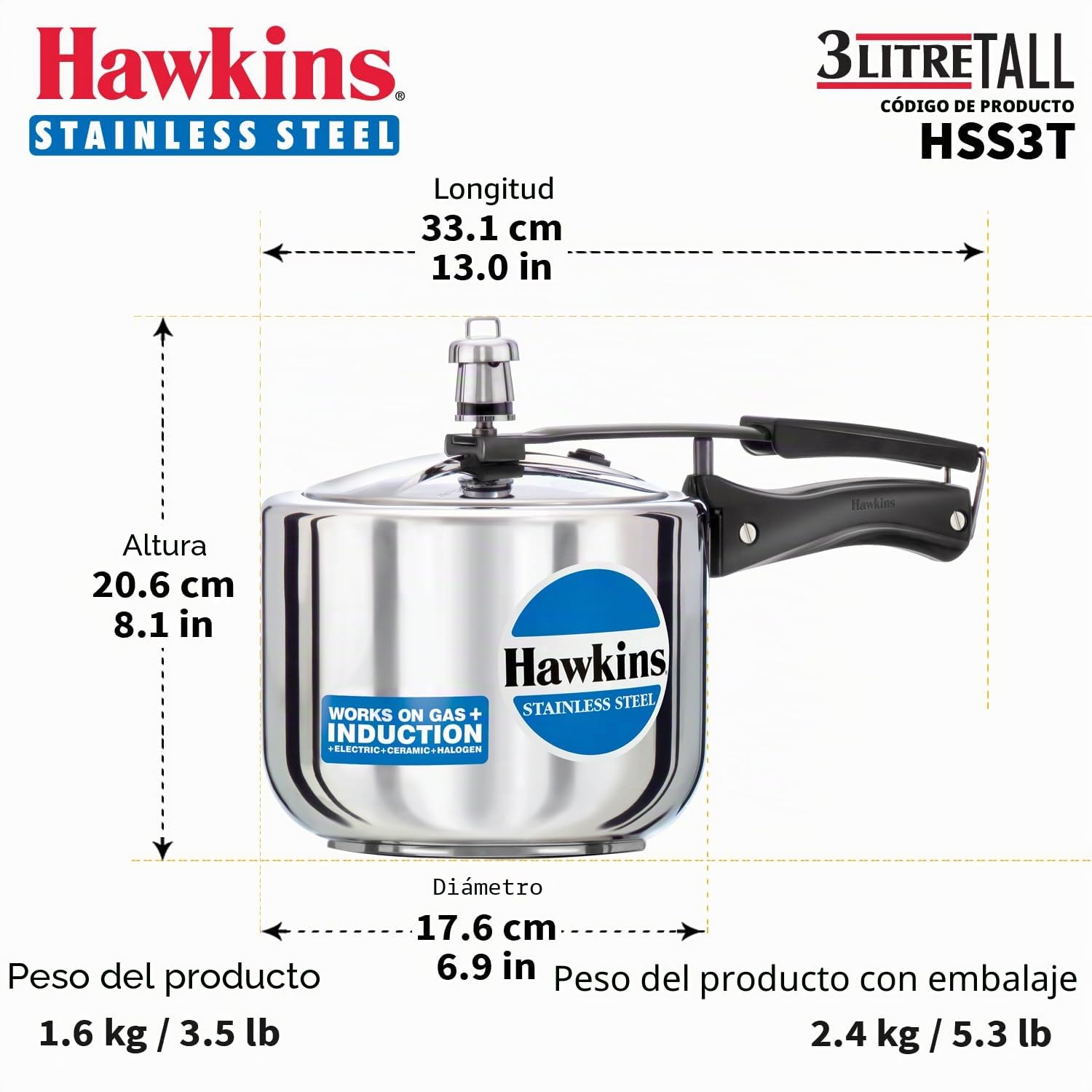 Hawkins Olla a presión de Acero Inoxidable Modelo B-33 3 L de Altura, pequeño, Plata