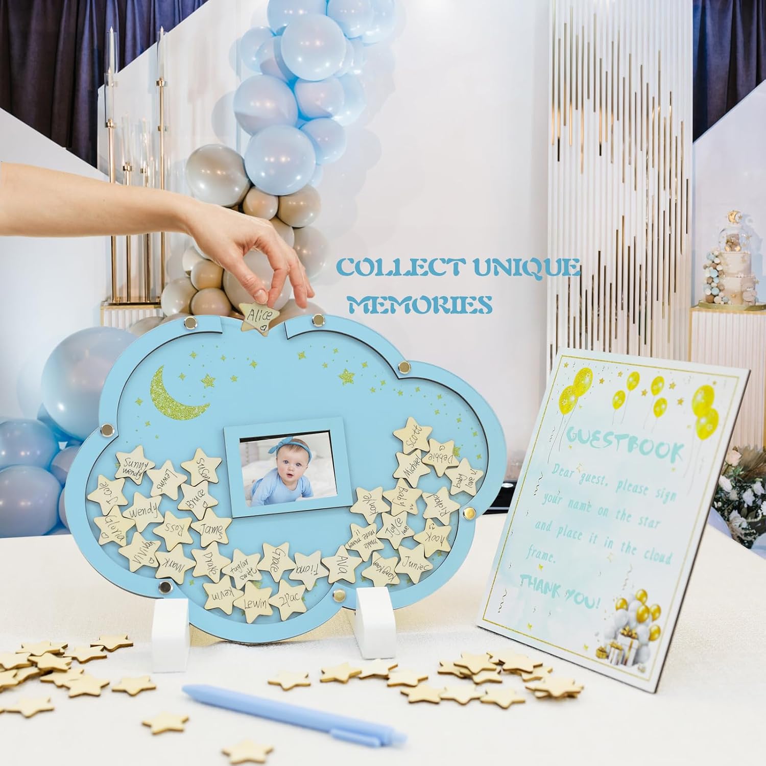 xiheer Baby Shower Guest Book Alternatives, Cloud Baby Shower Decorations with 70pcs Little Stars, Wooden Instructions and Pen, Sign in Guest Book Alternatives Picture Frame (Blue)