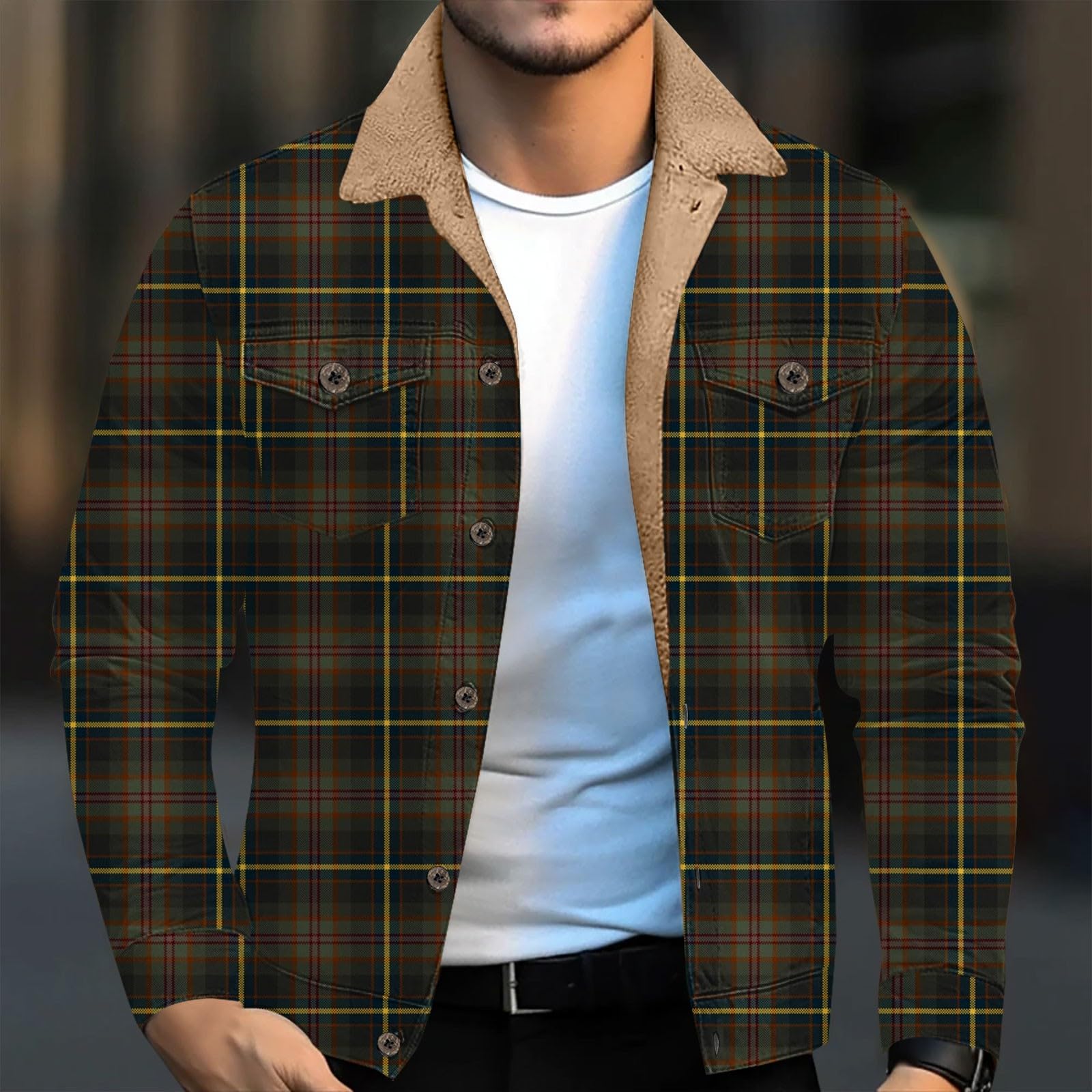 Herren Hemd Fleece, Warm Winter Langarmhemd, Hemdjacke, Button Down, mit Taschen, Freizeithemd, Herren Jacke, Umlegekragen Freizeithemd