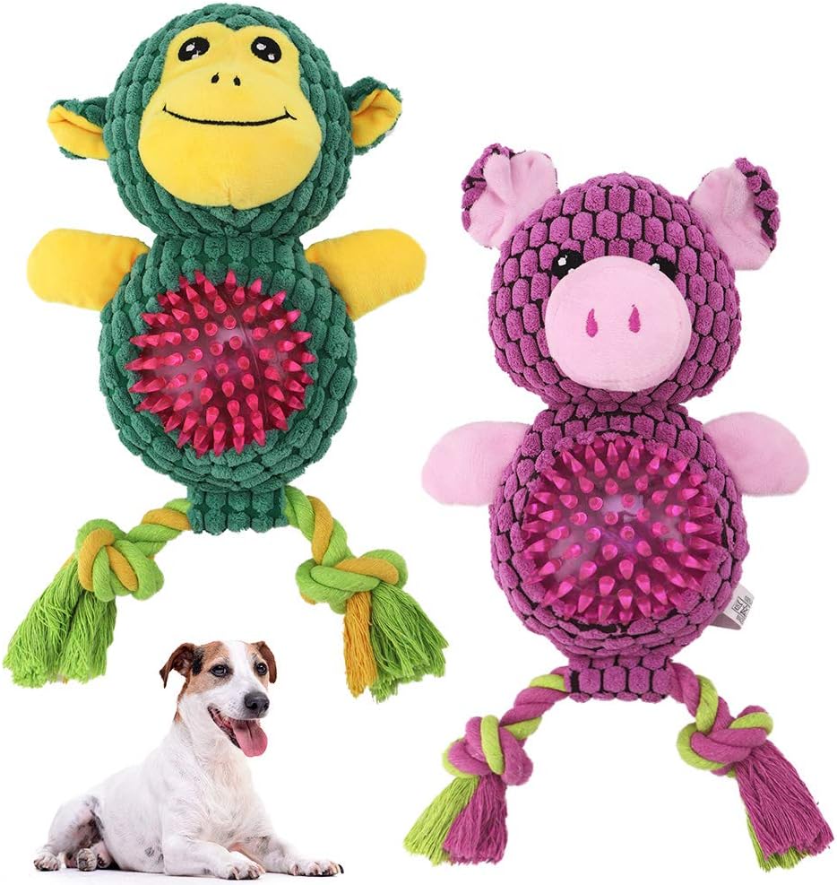 SCENEREAL Dog Squeaky Chew Toys - Donkey and Duck Model 2 Pack - Durable Interactive Plush Toy with Spike Ball and Rope for Teeth Cleaning, Puppy Teething Toys with Squeakers Inside