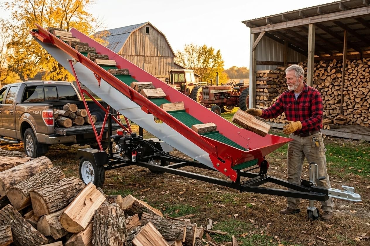 Heavy-Duty Firewood Conveyor, 6.5HP 208cc Gas Powered Portable Log Elevator, 118" Max Lift Height, 19.7" Wide Durable PVC Belt, Adjustable Speed & Hydraulic Control, ATV/UTV Towable for Yard & Farm