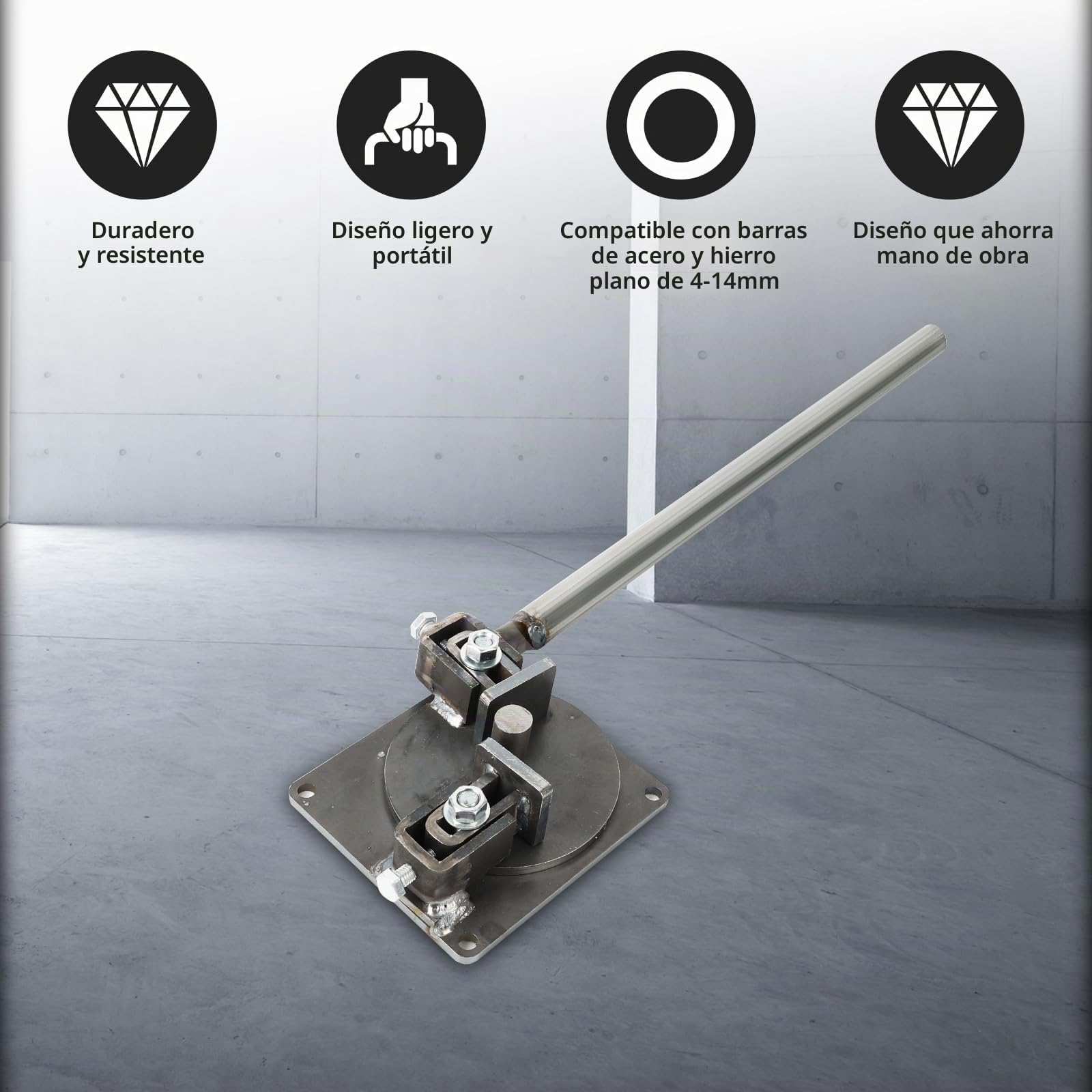 Dobladora manual de barras de refuerzo resistente, dobladora de tubos de acero chapado en zinc de grado 8.8 para varillas de refuerzo de 4 a 14 mm, con mango inoxidable de 370 mm y base de 195 x 180