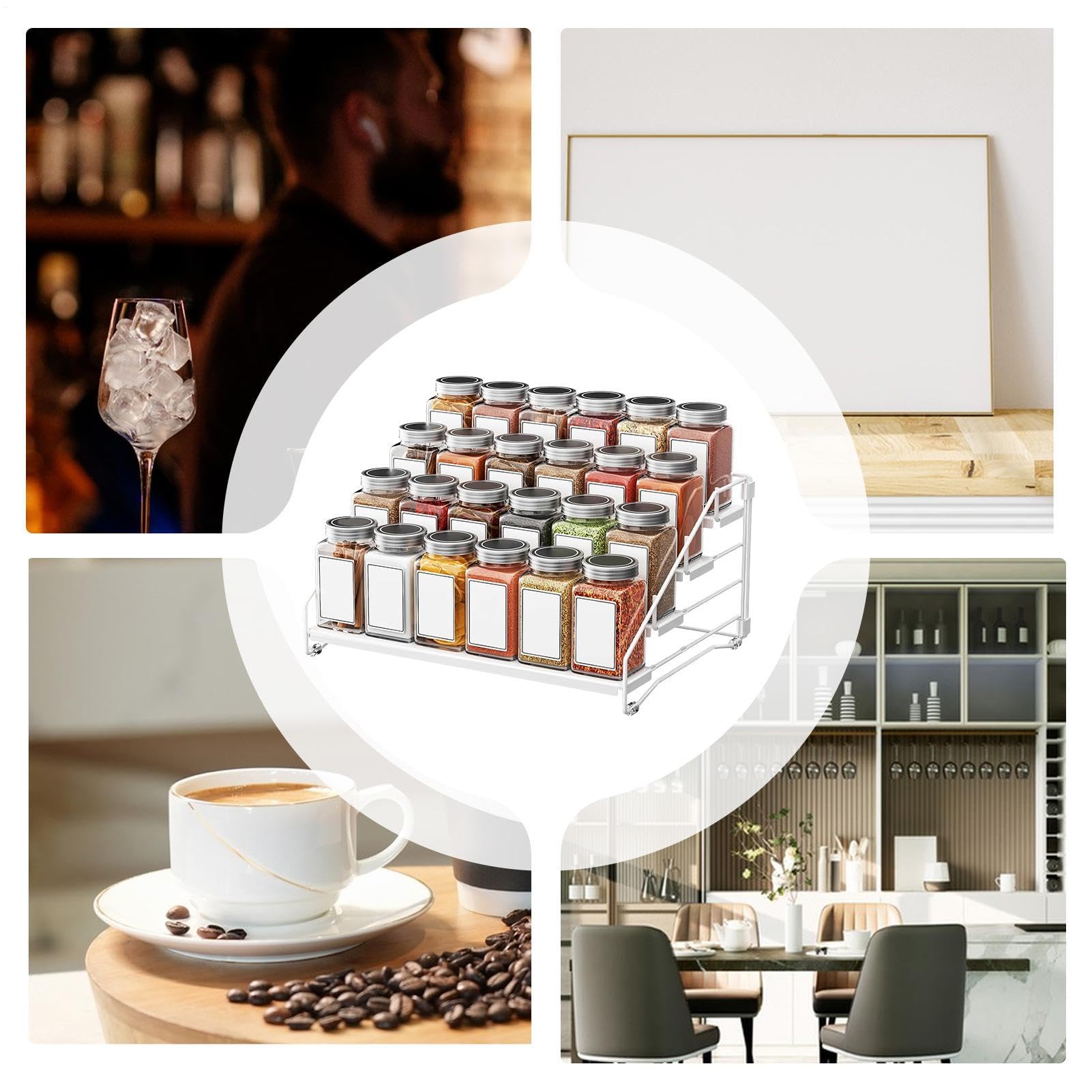 Organisateur d'étagère à épices, support extensible à 4 niveaux, rangement et présentation de conteneurs - Pour une utilisation dans le garde-manger, le comptoir et la maison ; pour bouteilles, pots