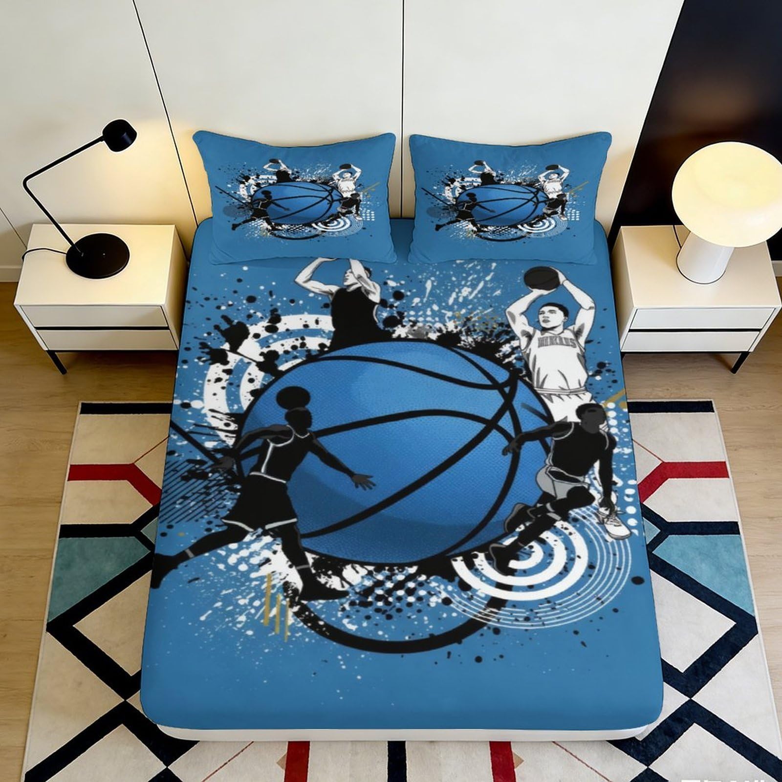 3D Printed Basketball Court Fitted Sheet Microfiber Blue Bed Cover for Bedroom Dorm Easy Clean Decor 90x200x25cm