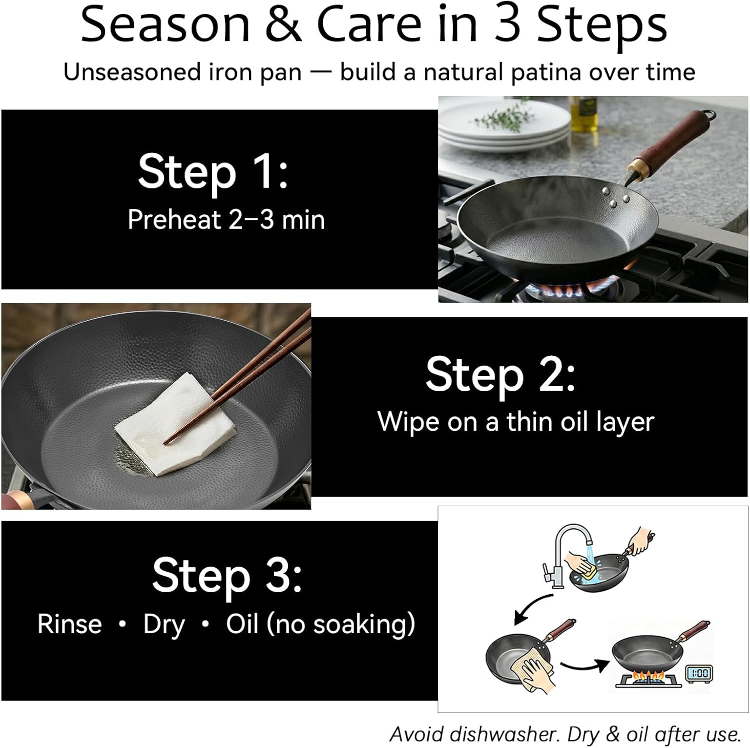 WANGYUANJI 10.2" Iron Skillet with Glass Lid & Spatula, Flat-Bottom Hand-Hammered Frying Pan, Uncoated & Unseasoned Small Iron Wok for Induction, Gas & Electric Stoves
