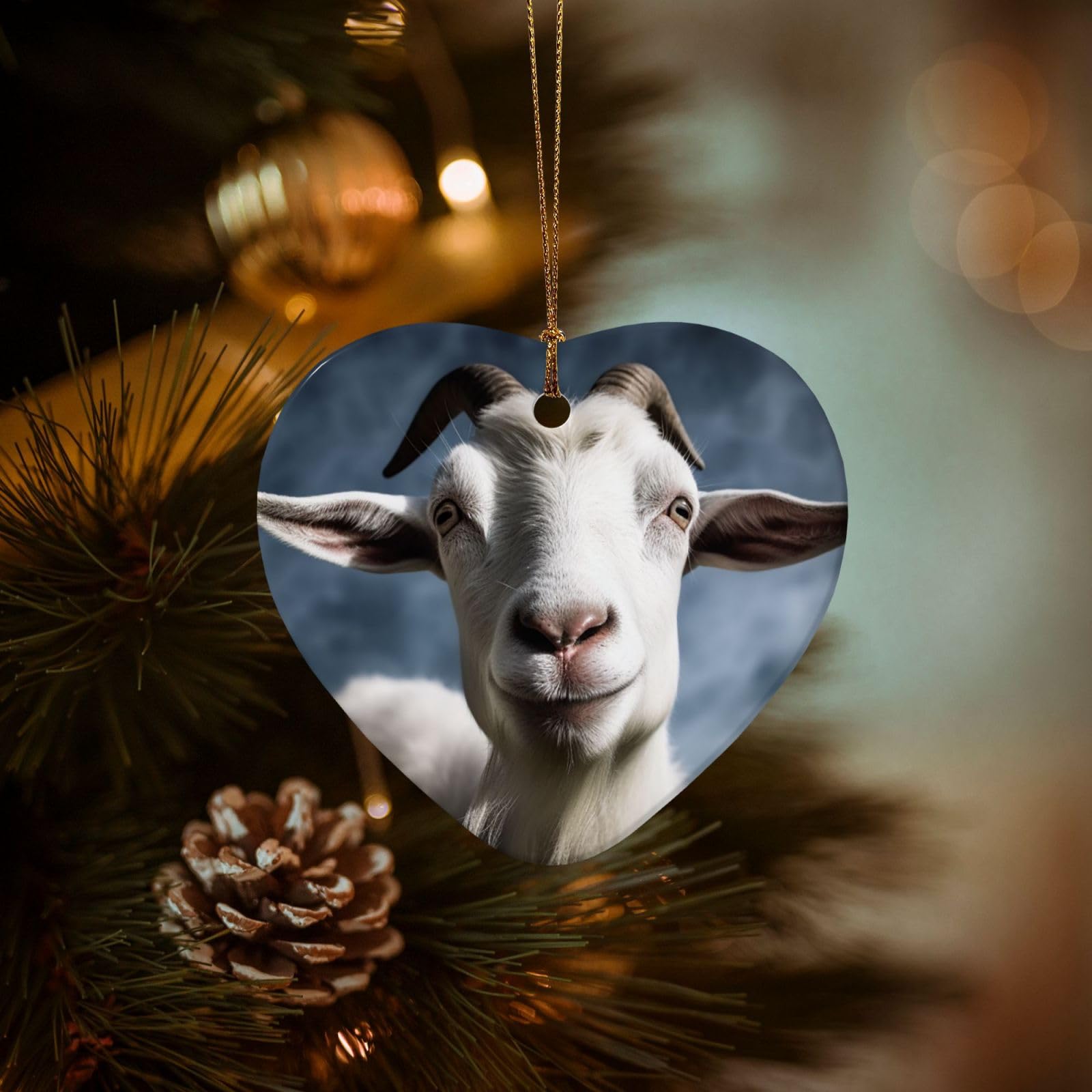 Christmas Ornaments for Christmas Tree Decoration Hanging Goat Ornament with Gold Ribbon Crafts Heart Shape Ceramic Pendant for Keepsake Gifts Xmas Decor Party Supplies