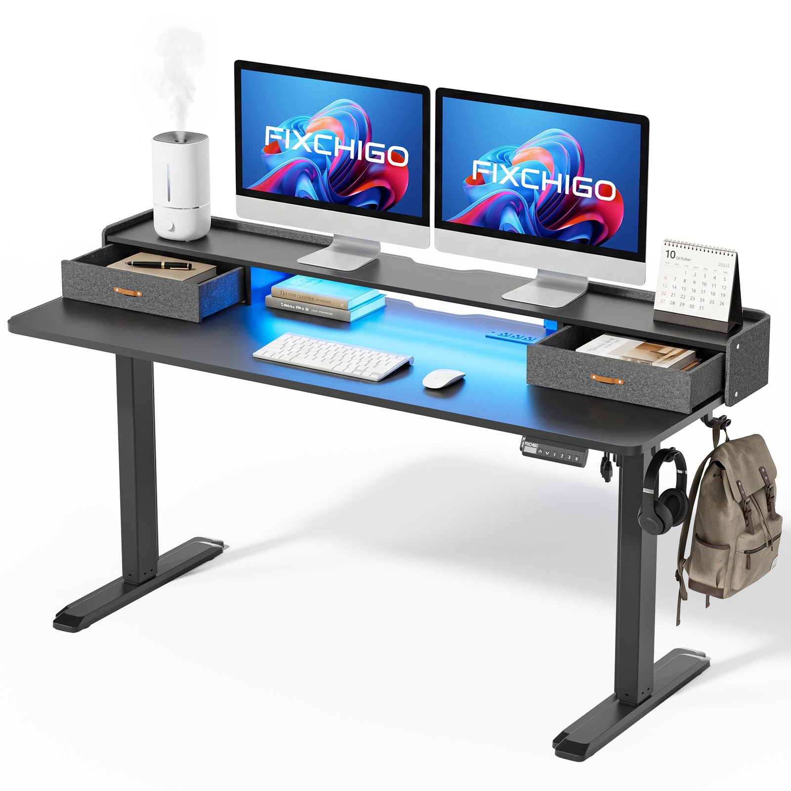 Electric Standing Desk with Drawers 63 Inch Height Adjustable Desk with Power Outlets LED Lights Sit Stand Table