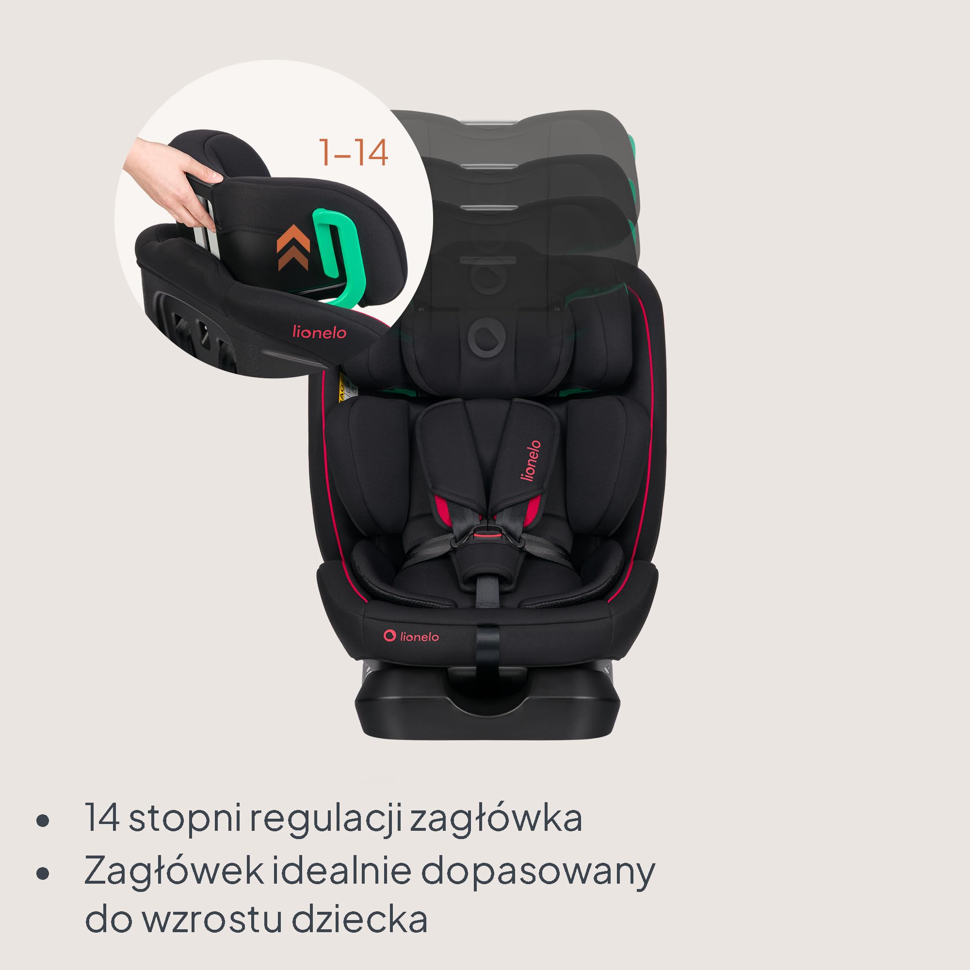 LIONELO Fotelik samochodowy dla niemowląt AART i-Size dla dzieci od urodzenia 40 do 150 cm 0-36 kg skierowany do przodu i do tyłu, uniwersalne dopasowanie, 13 poziomów regulowany zagłówek, leżący