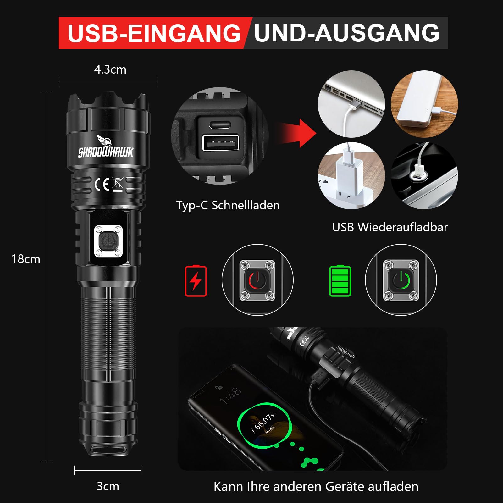 Shadowhawk LED Taschenlampe Aufladbar, Extrem Hell 500000 Lumen Taschenlampen Batteriebetrieben USB, XHP70.2 Taktische Taschenlampe, IP67 Wasserdicht 5 Lichtmodi Zoombar für Camping Wandern Notfälle