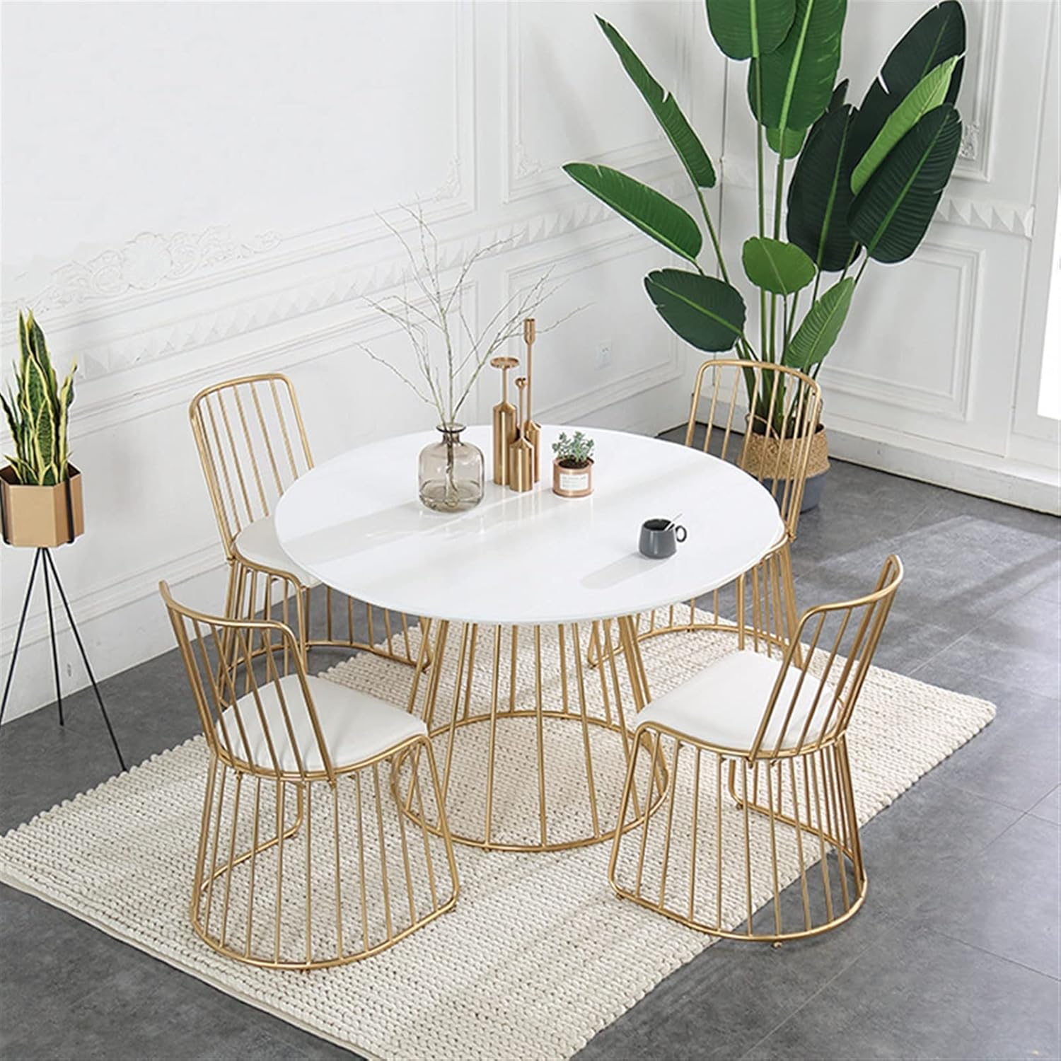 5-Piece Wrought Iron Chairs and Table Patio Dining Furniture Set - 5 Stackable Metal Chairs and 1 Round Steel Slat Bistro Table