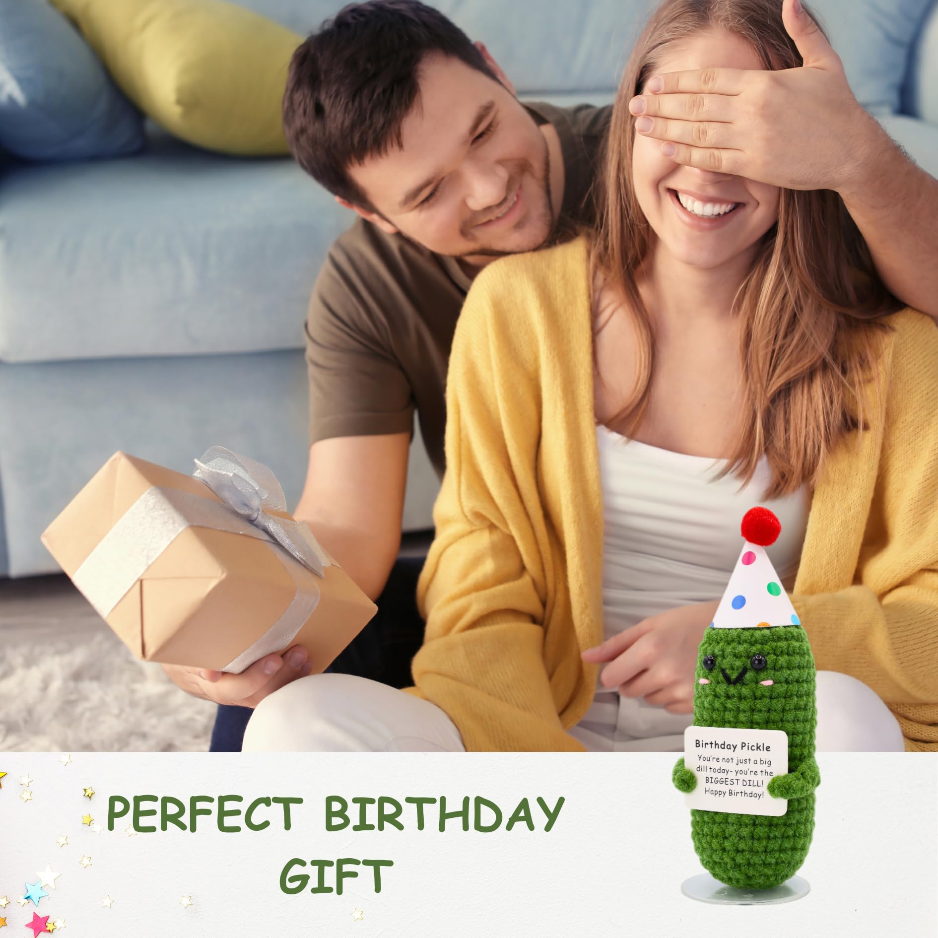 Birthday Pickle with Stand. Emotional Support Crochet Gift. Happy Birthday Gifts for Women, for Her. Present for Mom. Funny Gag Gift for Friends.