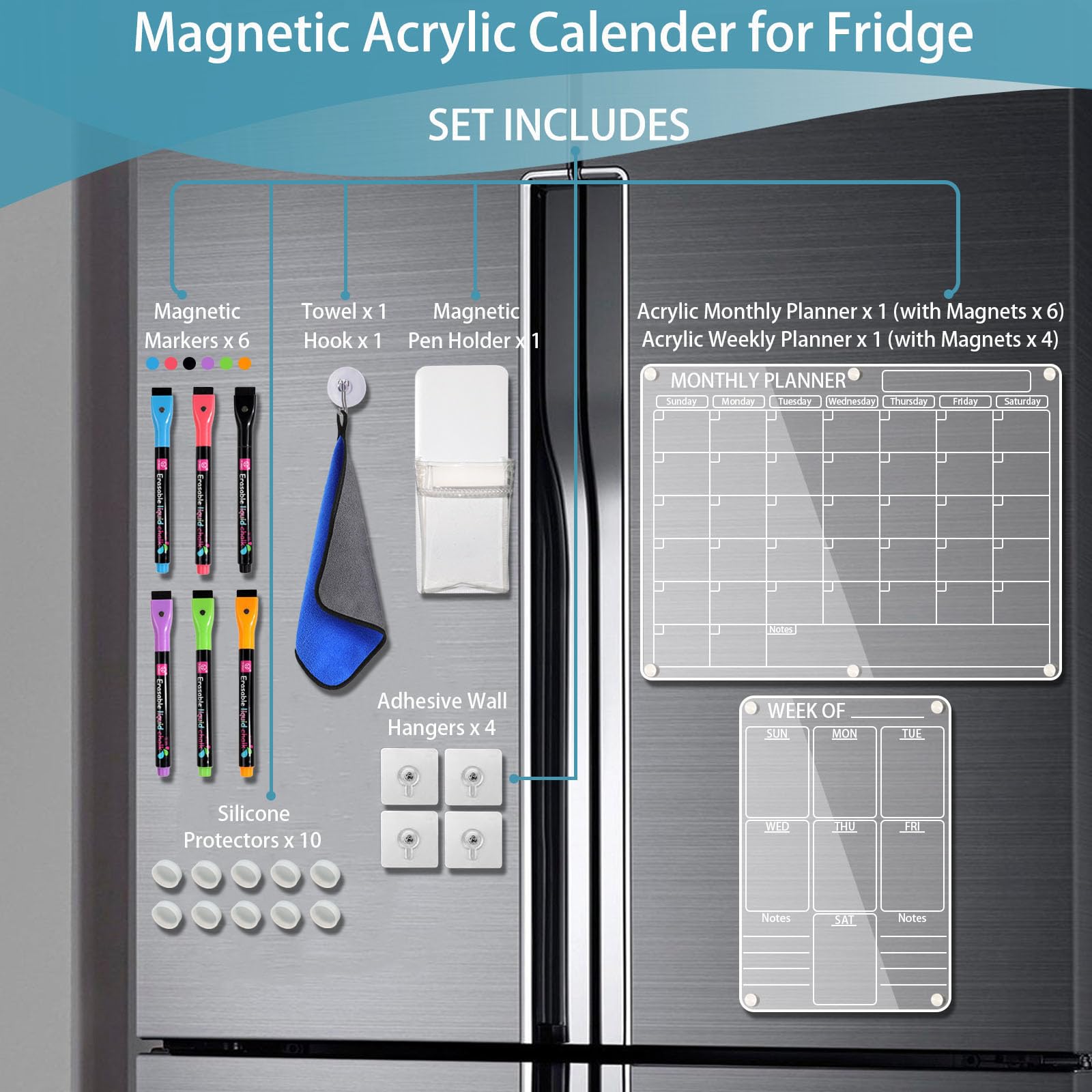 Acryl Magnetischer Kalender für Kühlschrank, 2 Stück, Transparenter Abwischbar Monats- und Wochenkalender Planungstafel für Kühlschrank, mit 6 Farbmarkern, Stifthalter und Handtuch