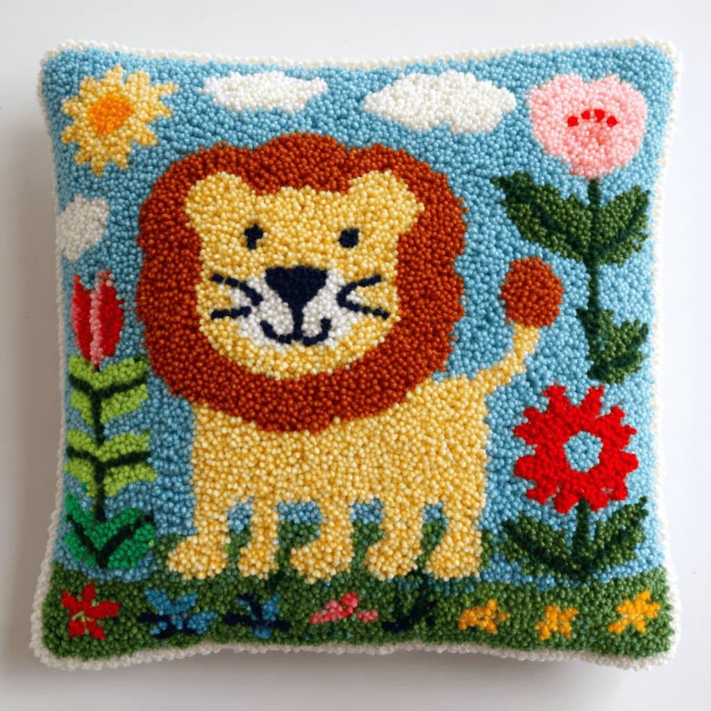 Kitquiver Latch Hook DIY Pillow Kit,Lion Handmade Cushion Cover 43X43Cm