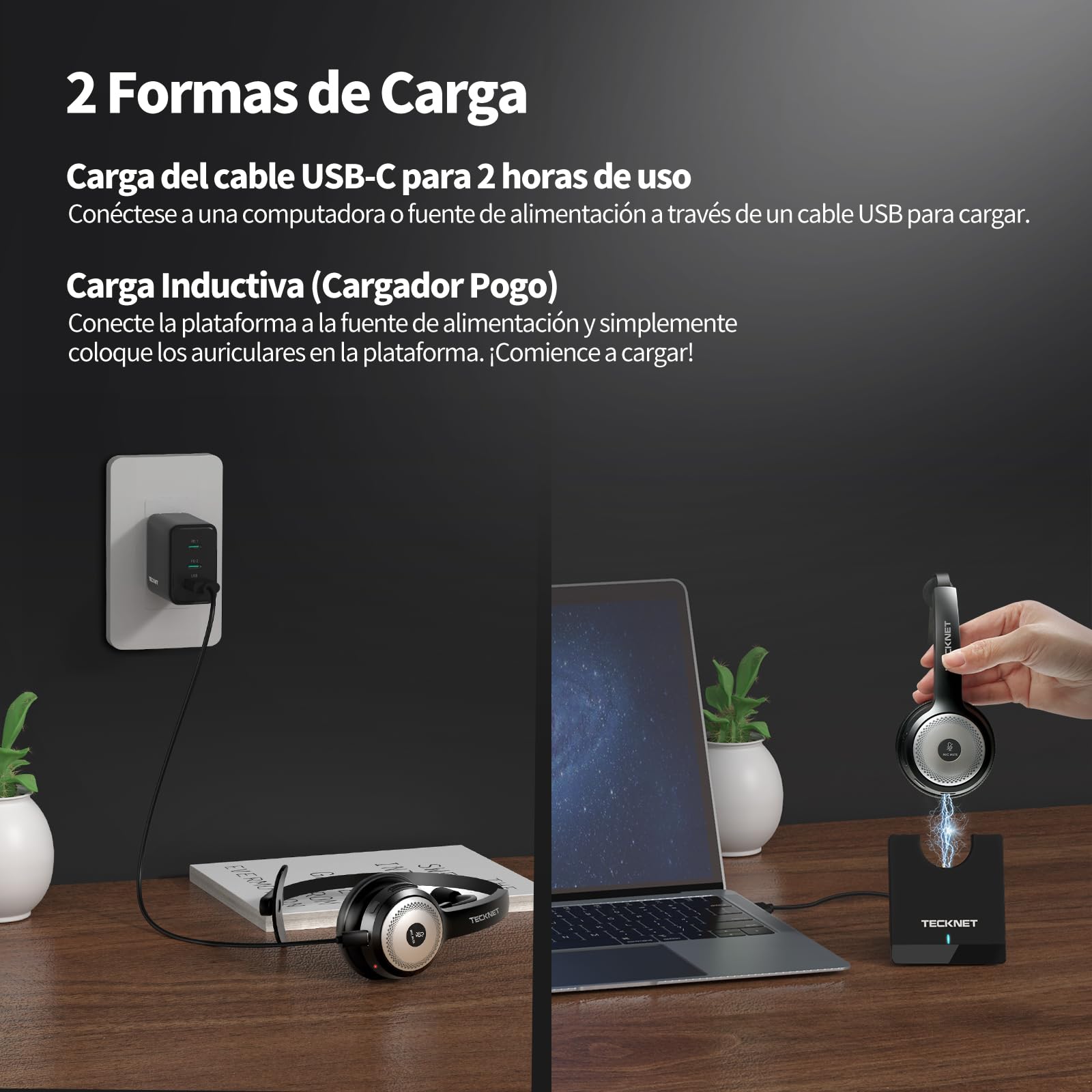 TECKNET Auricular Bluetooth con Estación de Carga, Auriculares Inalámbricos con Micrófonos PC, Cancelación de Ruido Sonido Estéreo Claro Compartible Skype,Centros de Llamadas,Cursos Online