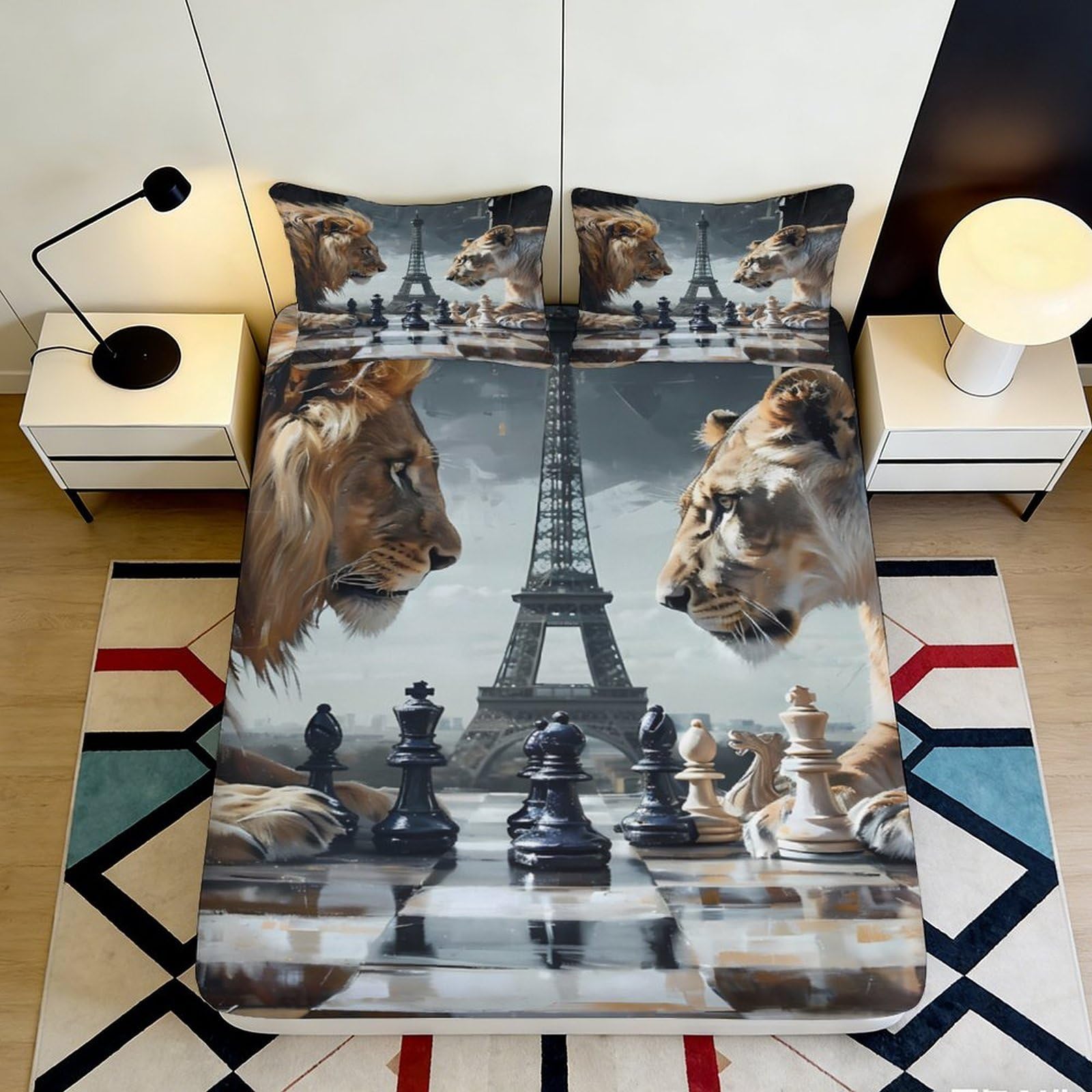 3D Printed Lion Chess Fitted Sheet Microfiber Breathable Eiffel Tower Bed Cover for Bedroom Guestroom Decor Mattress Protector 90x200x25cm