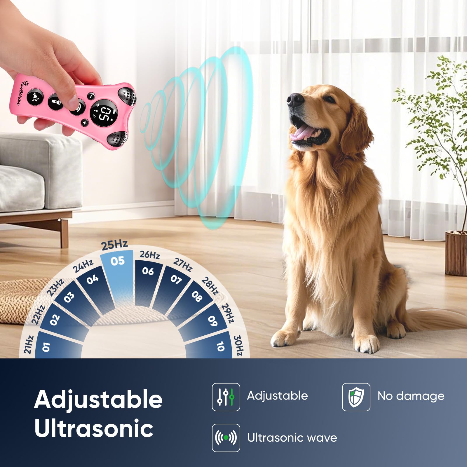 PawBehave Entrenador ultrasónico ajustable para perros, el primer corrector de comportamiento de mascotas de frecuencia variable del mundo con 10 niveles de ultrasonido, 18 silbatos para perros, luz