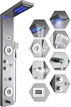 ELLO&ALLO Stainless Steel Shower Panel Tower System,LED Rainfall Waterfall Shower Head 6-Function Faucet Rain Massage System with Body Jets, Brushed Nickel