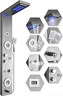 ELLO&ALLO Stainless Steel Shower Panel Tower System,LED Rainfall Waterfall Shower Head 6-Function Faucet Rain Massage System with Body Jets, Brushed Nickel