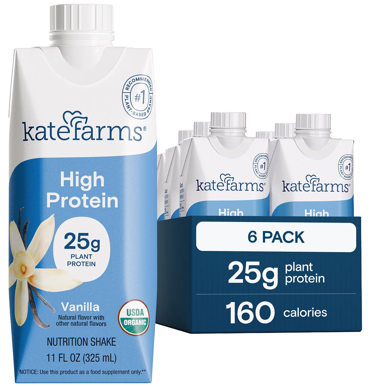 KATE FARMS Organic High Protein Vanilla Shake, 25g Protein, 6 Pack