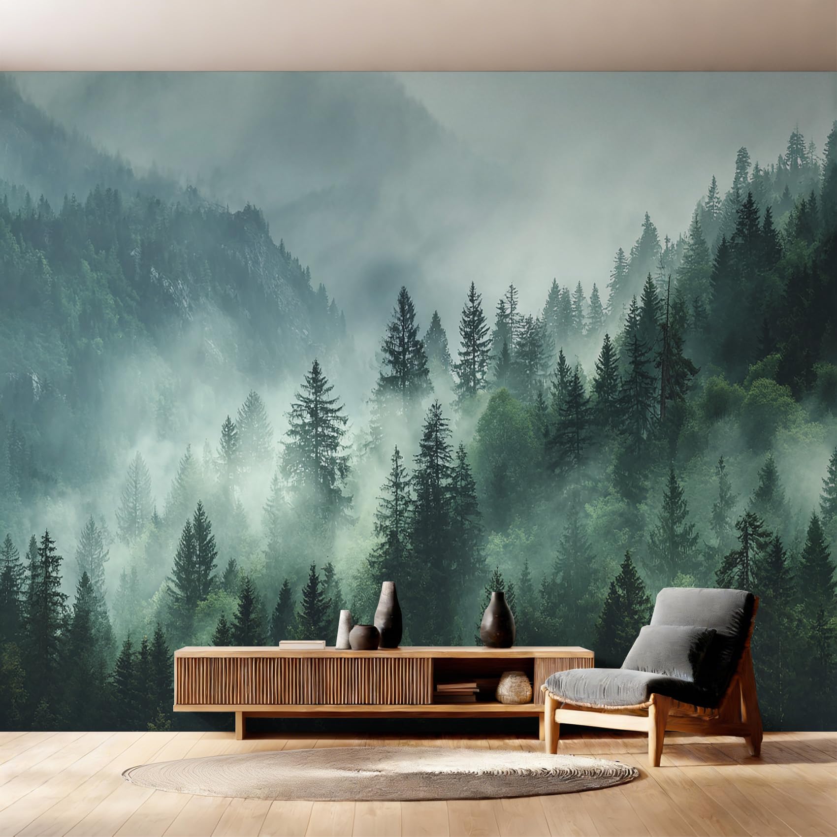 Papier Peint Forêt d'Arbres Brumeux : Créez un Salon Style Nature et Cocooning
