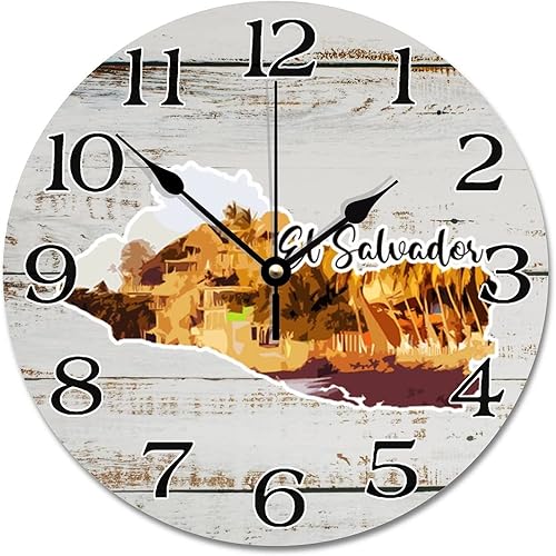 Reloj de pared de viaje con mapa de El Salvador, atracciones turísticas, relojes de pared grandes que funcionan con pilas, 12 pulgadas, silencioso,