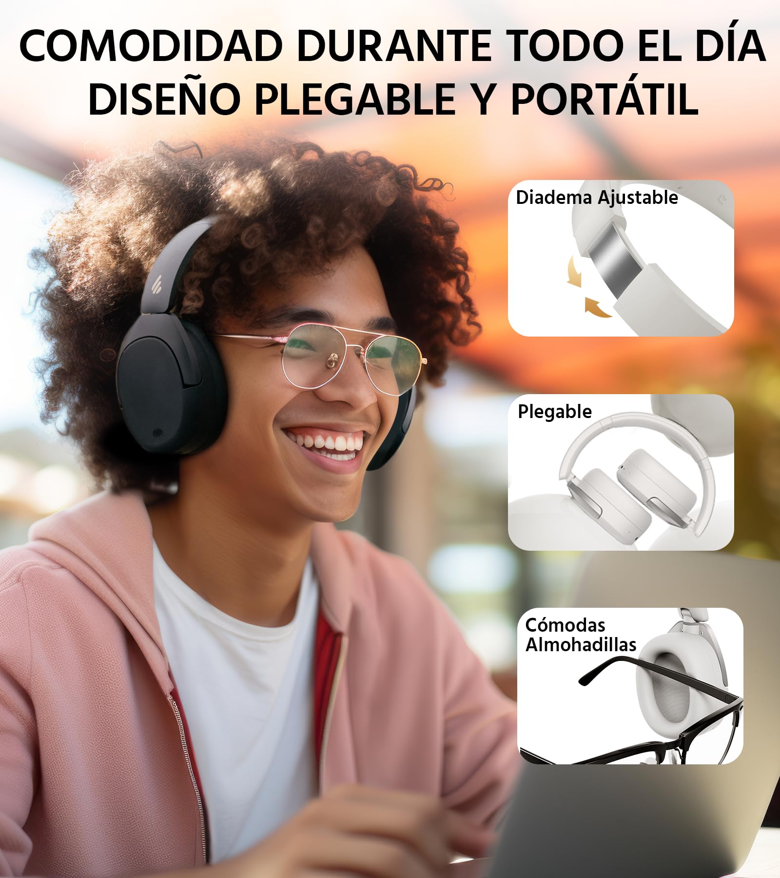 Edifier W830NB - Auriculares inalámbricos con -45 dB ANC, batería de 94 Horas, Sonido LDAC Hi-Res, Audio Espacial, Carga rápida, Bluetooth V5.4, Color Negro