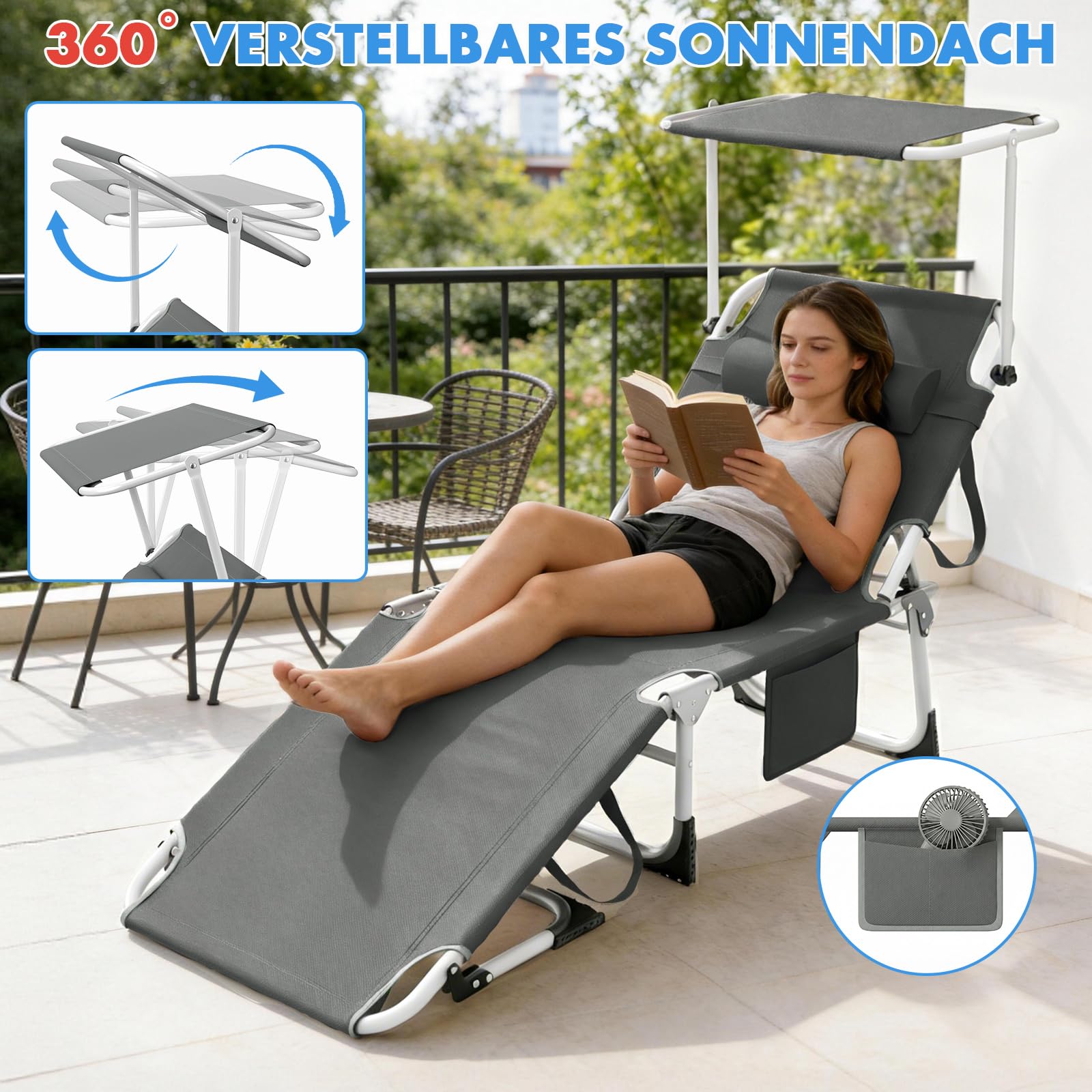 Huracan Sonnenliege klappbar Groß 2X, Gartenliege mit Dach, Liegestuhl mit 4-Fach Verstellbarer Rückenlehne, Kopfkissen, wetterfeste Strandliege bis 100kg belastbar, für Garten Strand Pool, Anthrazit