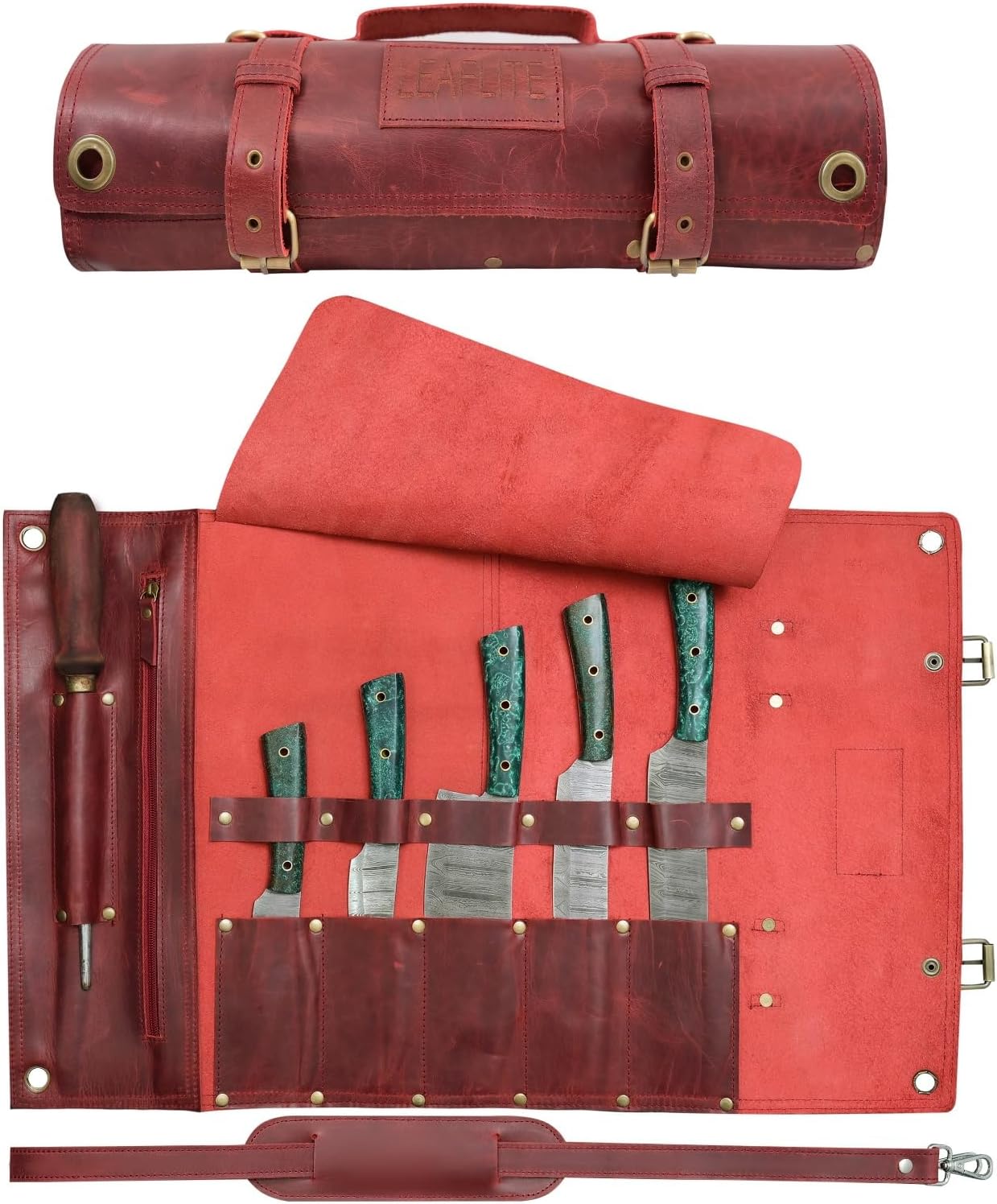 Leather Knife Roll Bag – Chef Knife Bag with 7 Pockets – Durable Crazy Horse Leather Knife Roll for Professional Chefs – Portable Knife Storage Case