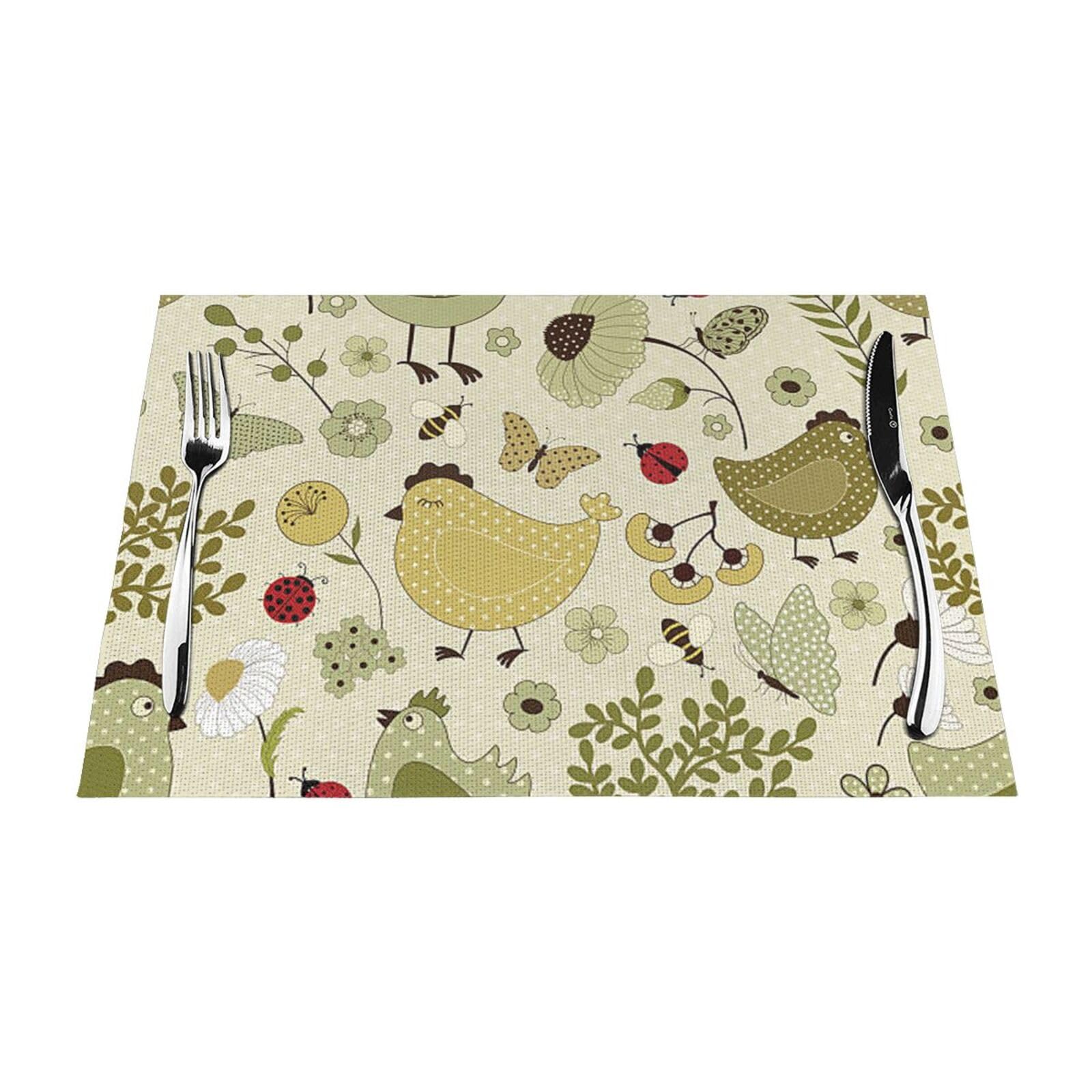 PVC Placemat Set of 6 PCS, 45x30 CM, yellow leaves chicken Printed Non-Slip Heat Resistant Place Mats for Kitchen Dining Table Indoor Outdoor