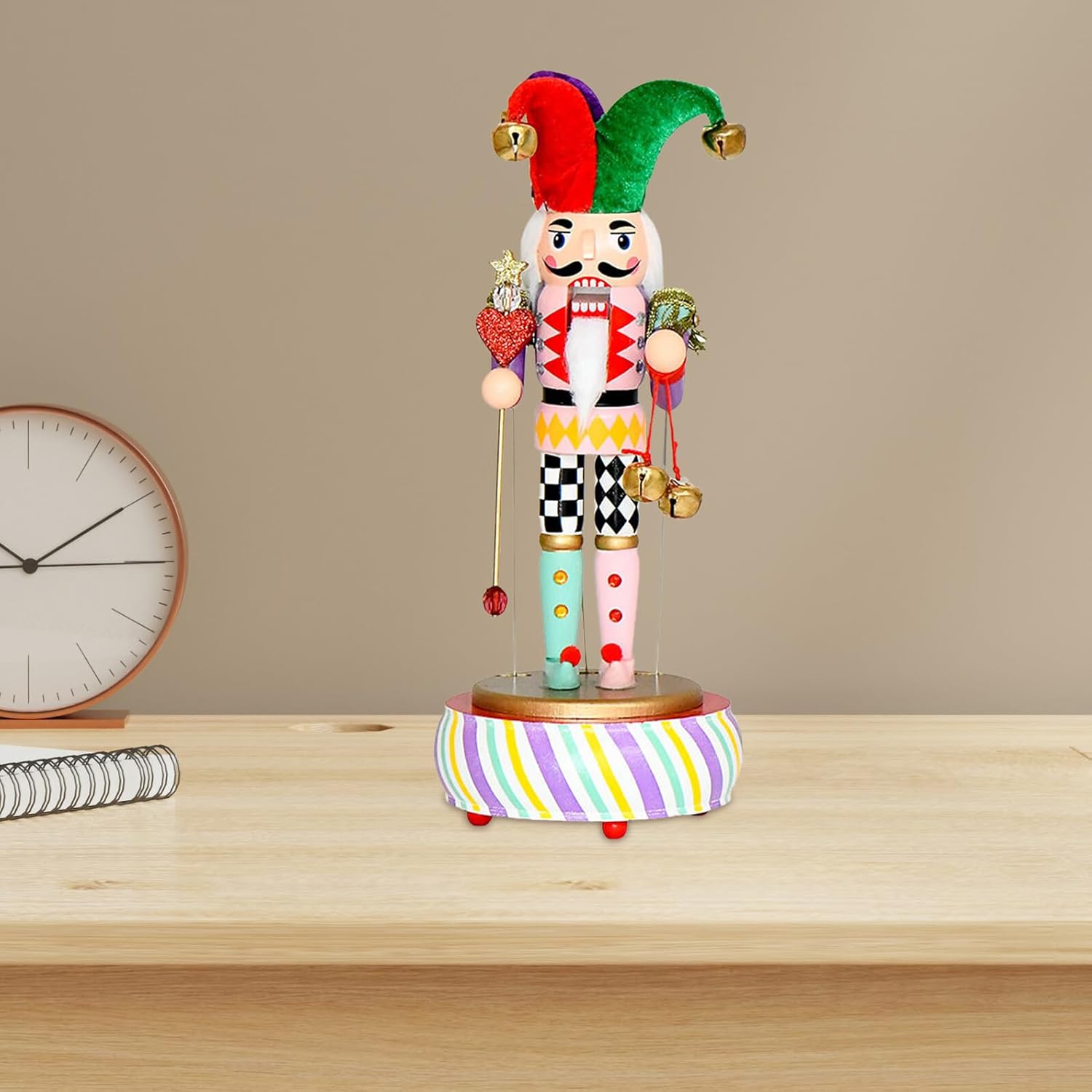 Nutcracker Music Box with Wooden Round Base Christmas Nutcracker Soldier Ornament Musical Holiday Desktop Decoration for Winter Home Décor