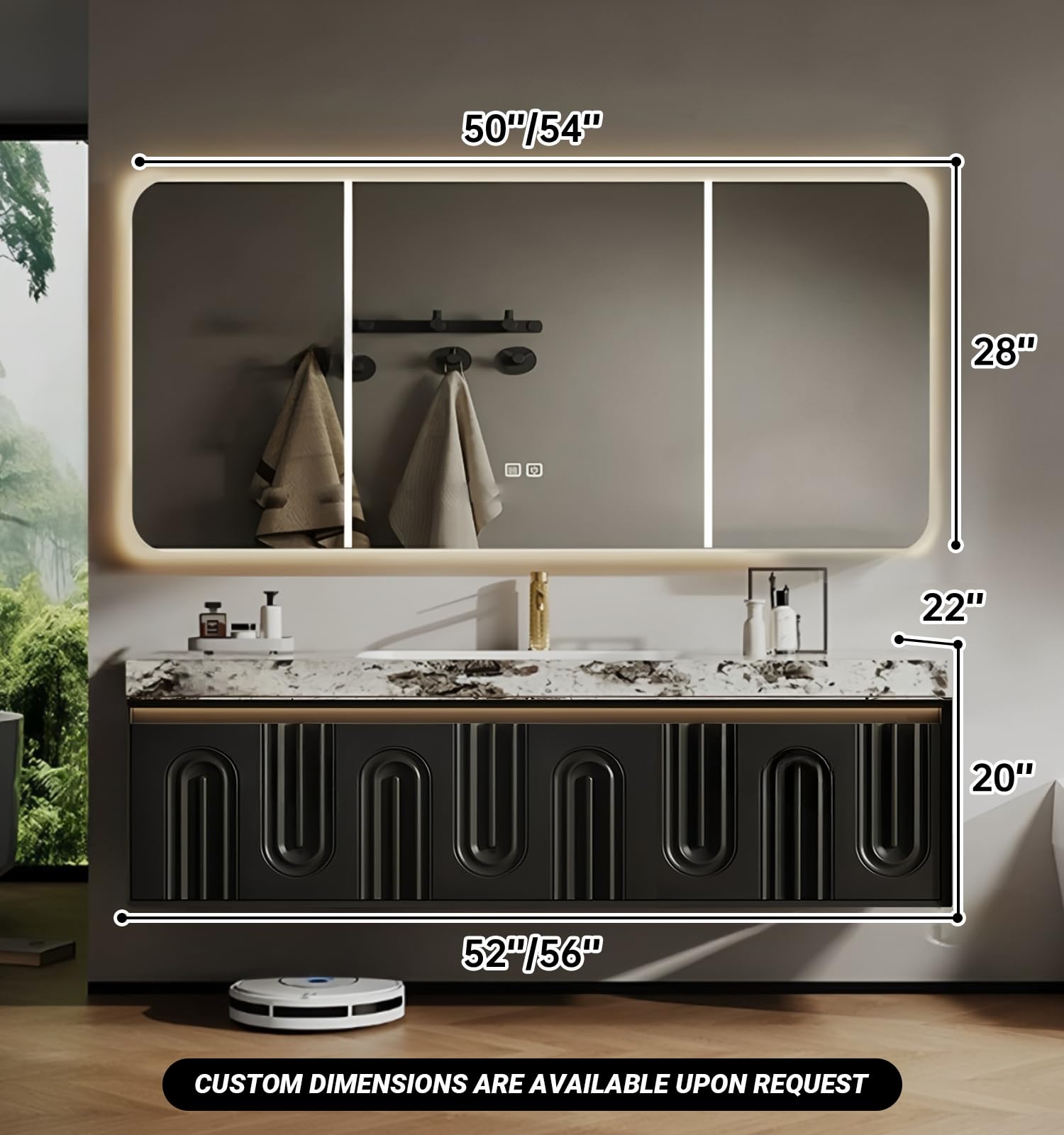 Moderno 56 "Bagno Galleggiante con Lavabo Smart Defog Specchio Marmo Controsoffitto In Legno Massello Sensore Sto Luce Nero h -Home Aggiornamento