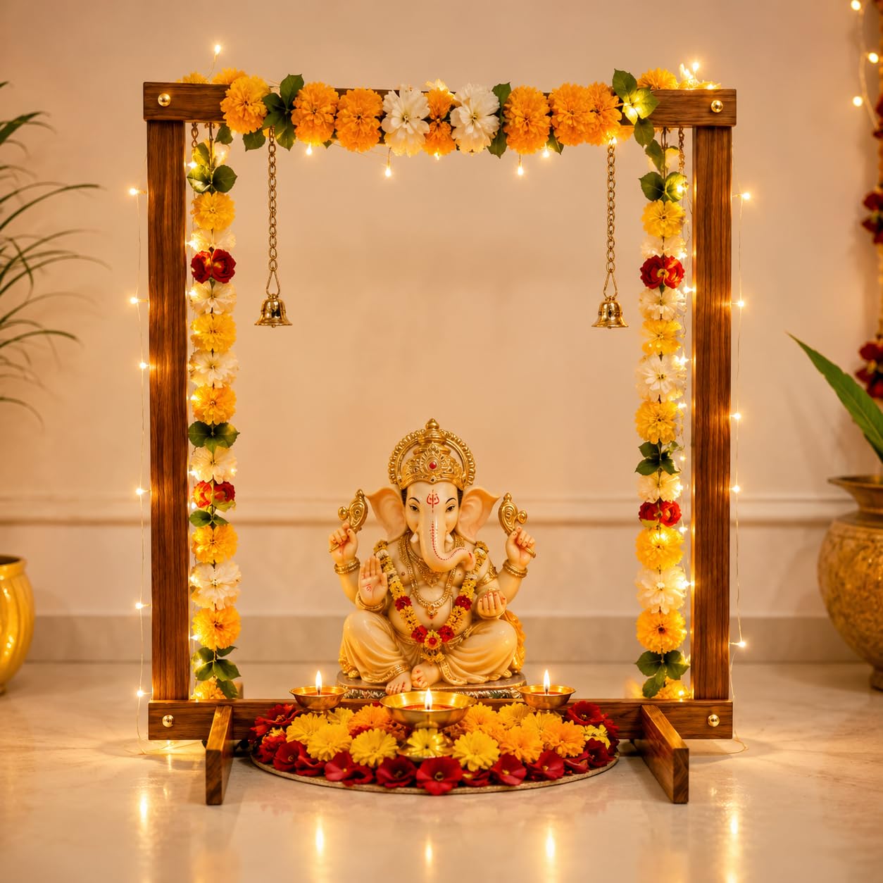 Foldable Wooden Mandap for Ganpati Decoration | Folding Ganpati Mandap for Home Pooja, Ganesh Chaturthi, Janmashtami, Navratri & All Festival Decoration | Wooden Backdrop Stand (Brown) (30 × 30 Inch)