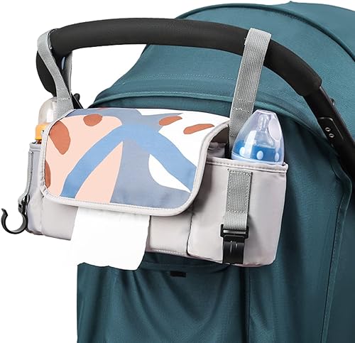 SPINSM Bolsa organizadora universal para cochecito con portavasos aislado, bolsillo para toallitas de fácil acceso, correa de hombro ajustable para