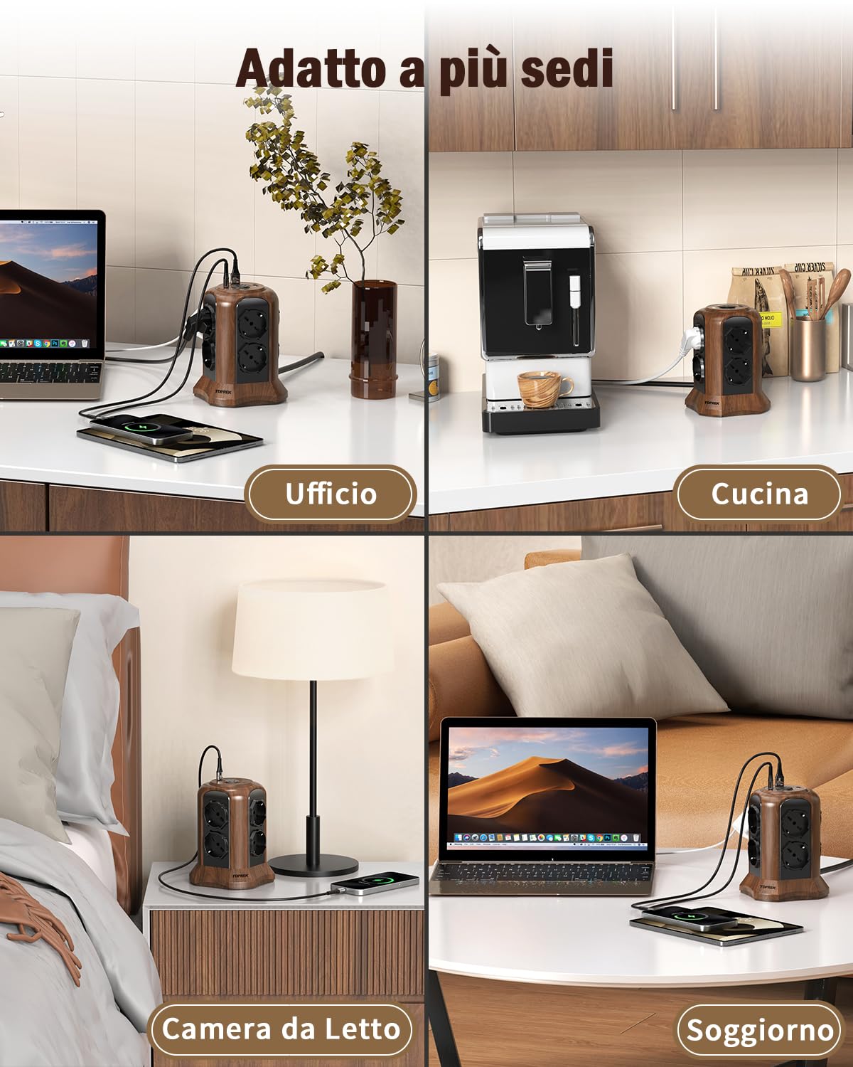 TOPREK Multiprise Verticale Couleur Bois Marron avec 8 Prises Schuko universelles ITA 10/16A et 2 USB C (Charge Rapide PD3.0 20W) 2 USB A, multiprise électrique 2M avec Interrupteur, Prise coudée 90°