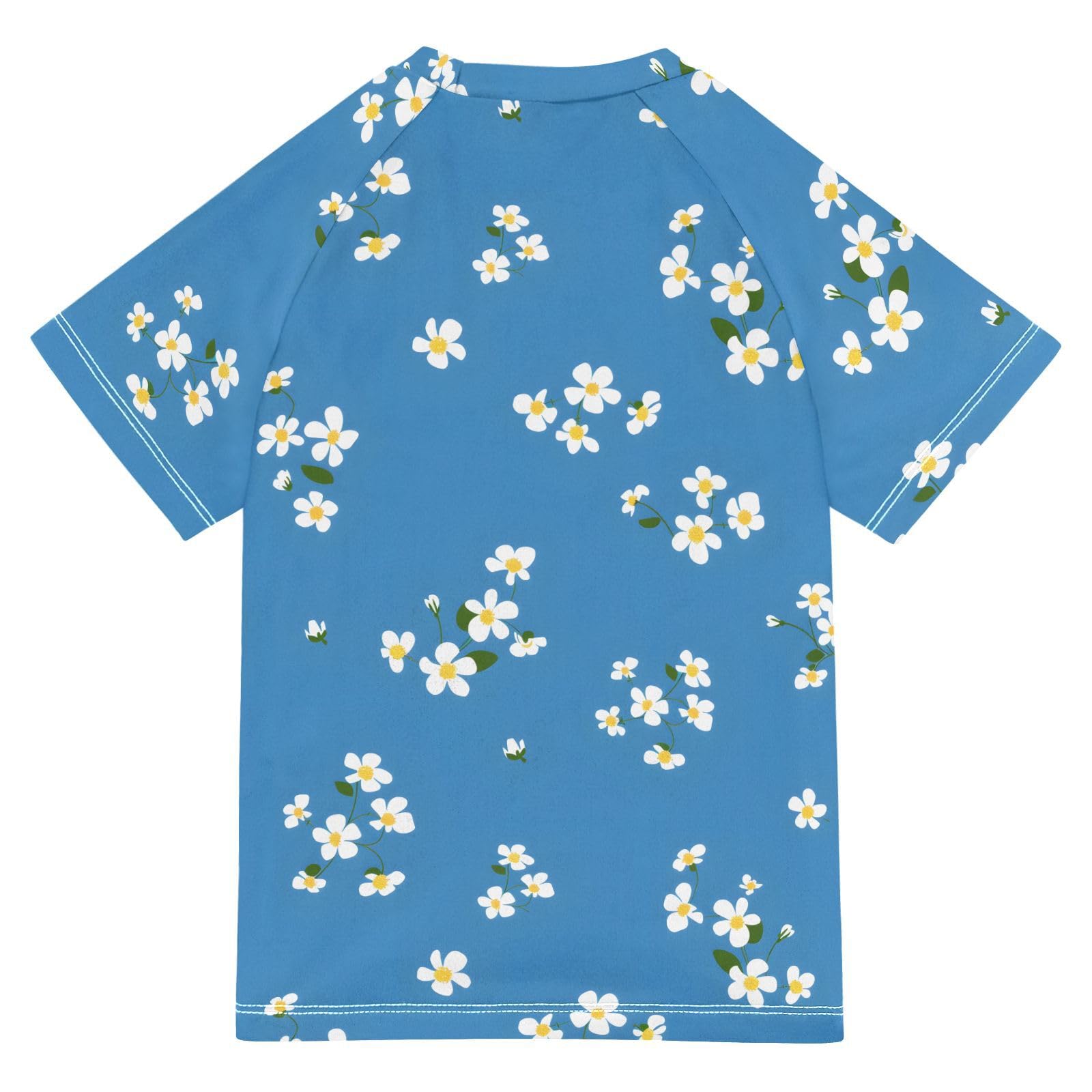 ALAZA Kids Rash Guard Boys Toddler Swim Shirts Short Sleeve Blue White Flower UPF 50+ 3T