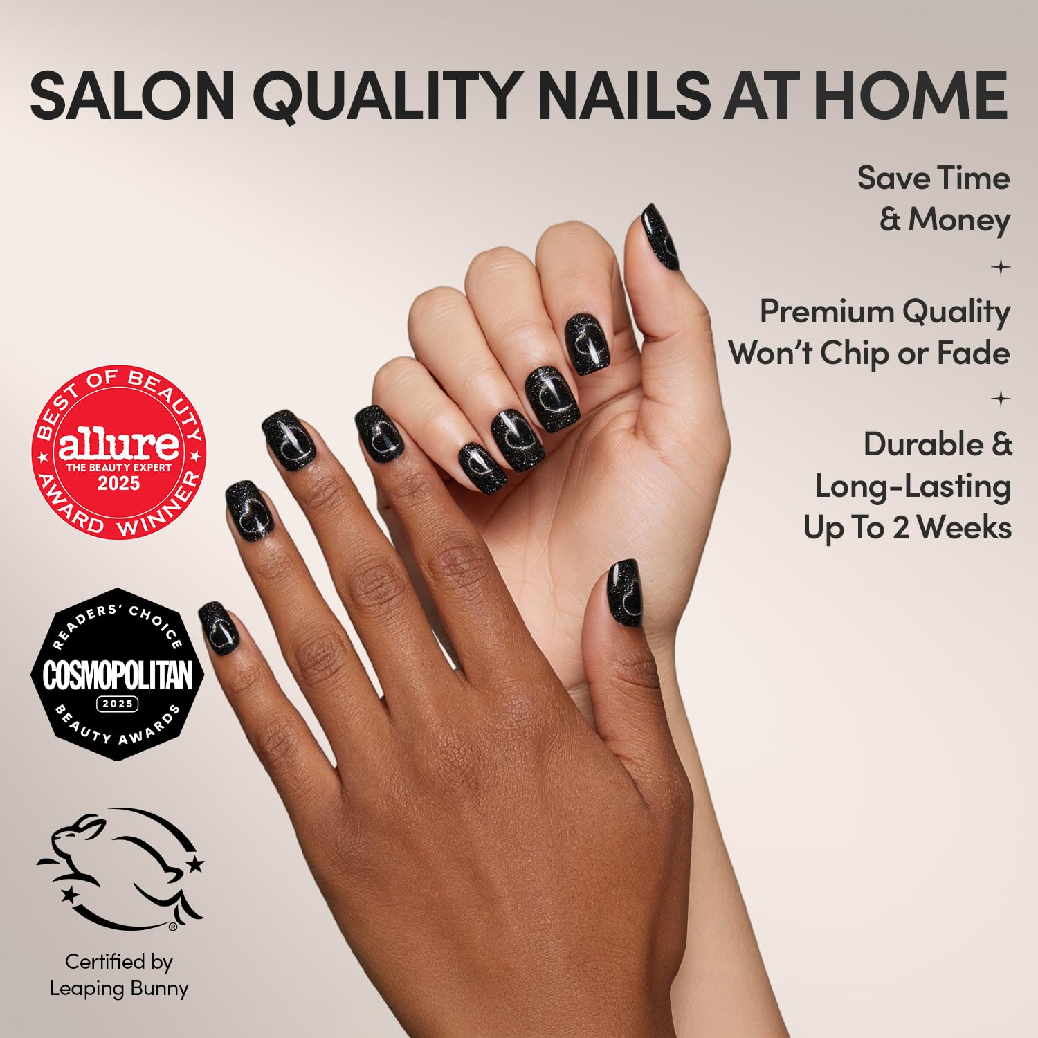 Glamnetic Press On Nails - Midnight Romance | Short Squoval Black Fake Nails with Magnetic Cat-Eye Design & Finish, Salon Quality | 15 Sizes - 30 Nail Kit with Glue