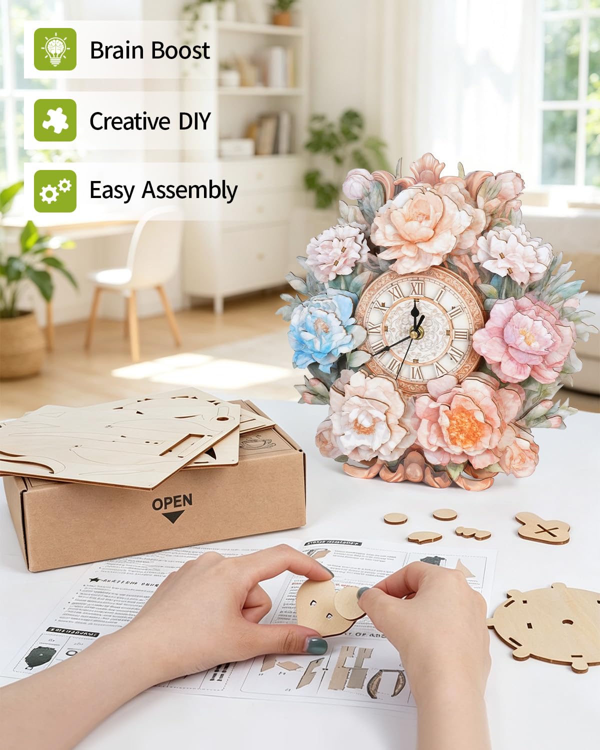 Puzzle 3D in legno per adulti, orologio a fiore con kit modello a pendolo, puzzle 3D per adulti, decorazione per la casa, kit di orologio da parete fai da te, regalo di compleanno, Natale