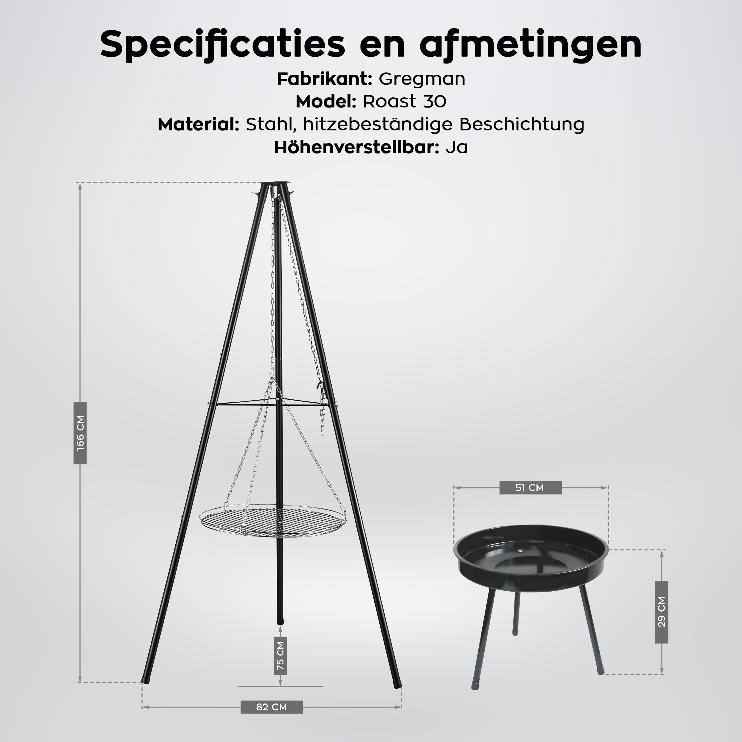 Gregman Roast 30 Holzkohlegrill 2in1 mit höhenverstellbarem Grillrost | Schwenkgrill mit Feuerschale - Dreibein für Feuerschale - faltbarer Gartengrill für Terrasse und Camping - Schwarz