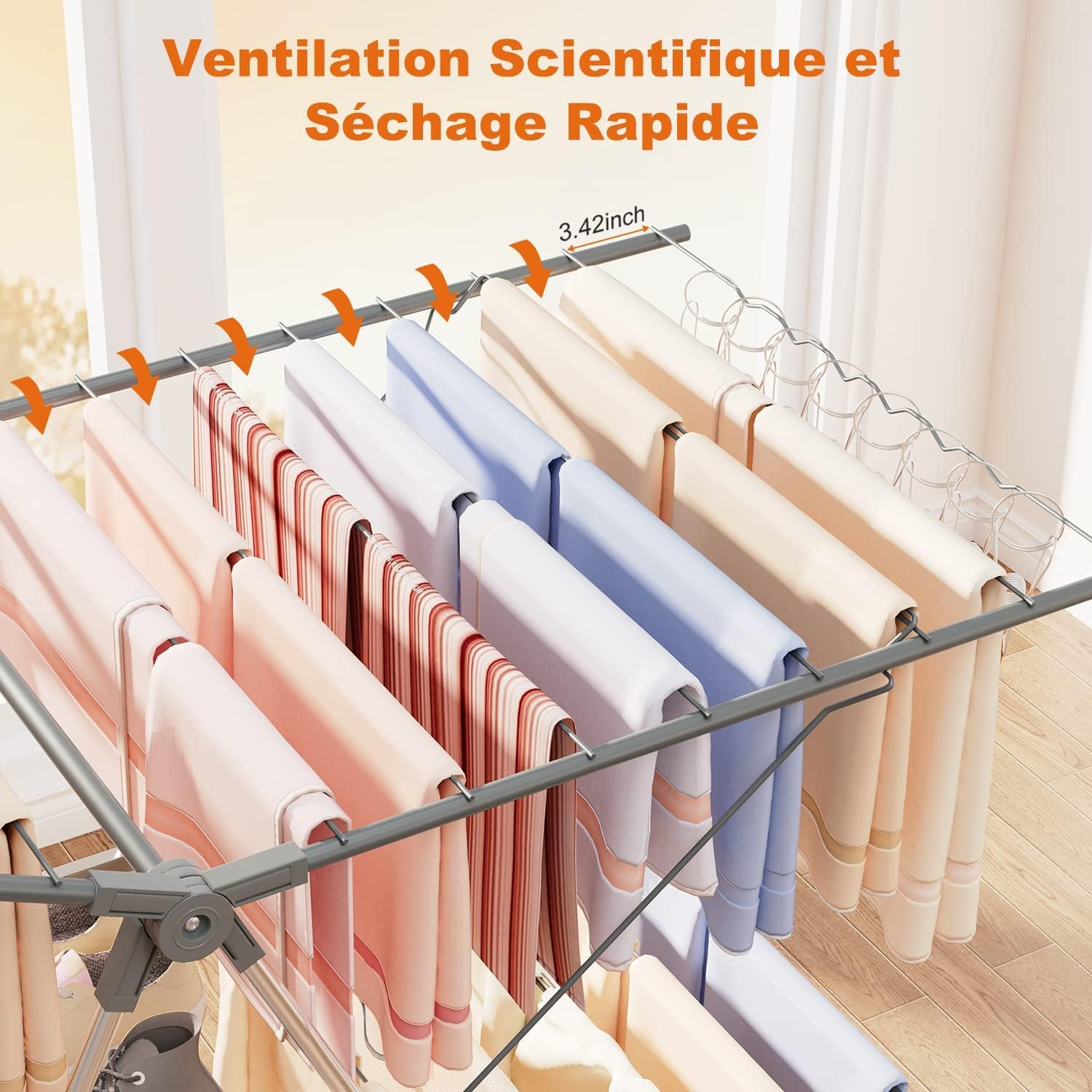 Innotic Étendoir Linge Intérieur Extérieur, Séchoir à Linge Pliable à 2 Niveaux, 4 Ailes Réglables en Hauteur, 3 Secondes Déplier ou Plier, Acier Inoxydable Tancarville XXL, 33 Rails, Gris