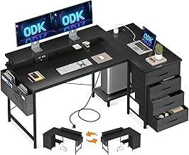 ODK Corner Desk with 4 Drawers, 140 x 80 cm L-Shaped Desk with USB Charging Socket and Power Outlet, Reversible Computer Table with Screen Stand for Bedroom Home Home, Black